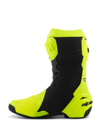Stivali Alpinestars Supertech R Vented, stivali da moto racing professionali, giallo fluo e nero, profilo lato mediale, costruzione in microfibra traforata per un elevato flusso d'aria, placche protettive in TPU su stinco e tallone, design aerodinamico per la guida in pista