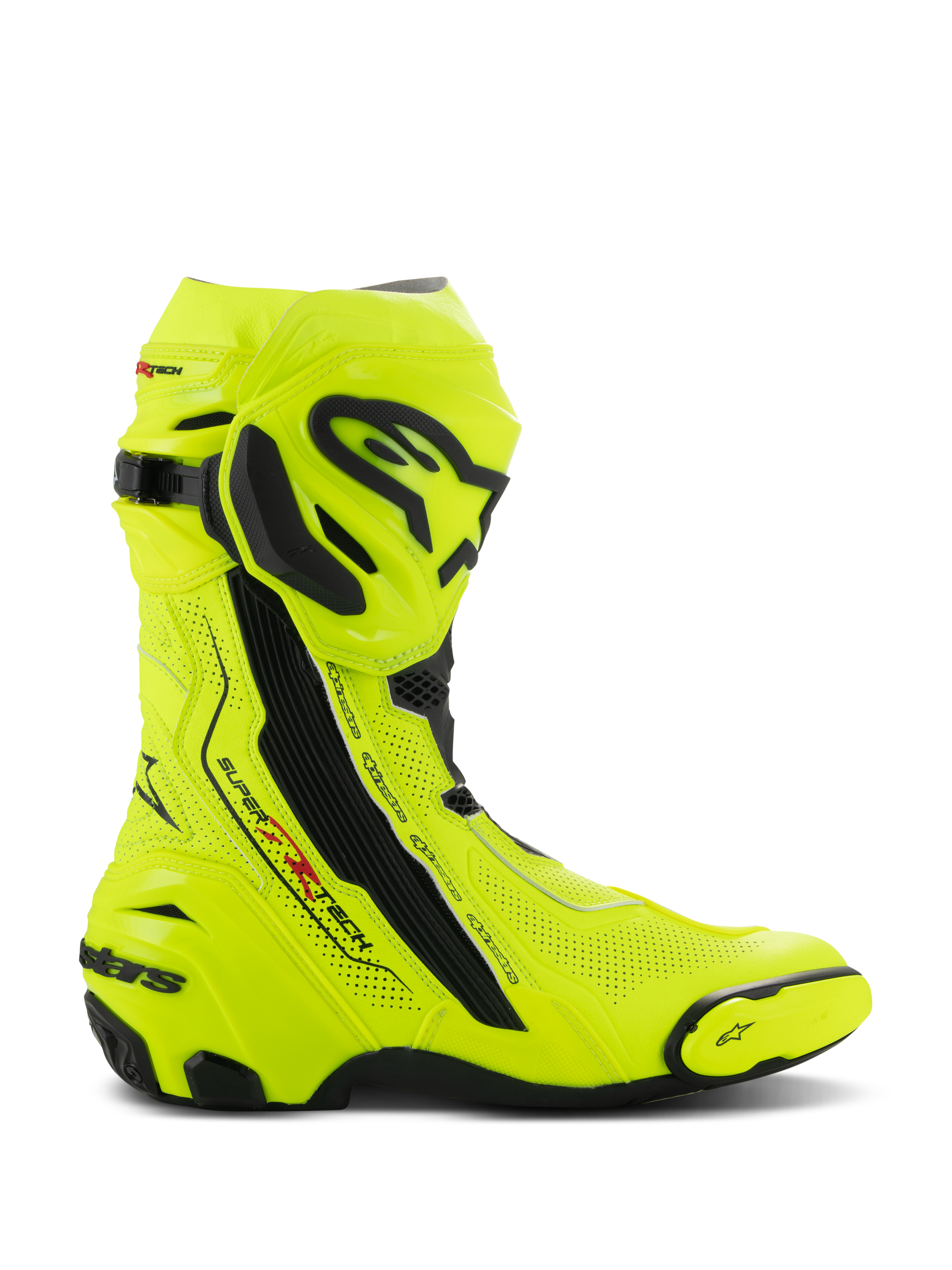 Alpinestars Supertech R Vented Boots, stivali da moto racing, giallo fluo e nero, tomaia in microfibra traforata al laser per la ventilazione, piastra tibiale in TPU e saponetta sostituibile, design aerodinamico con loghi evidenti