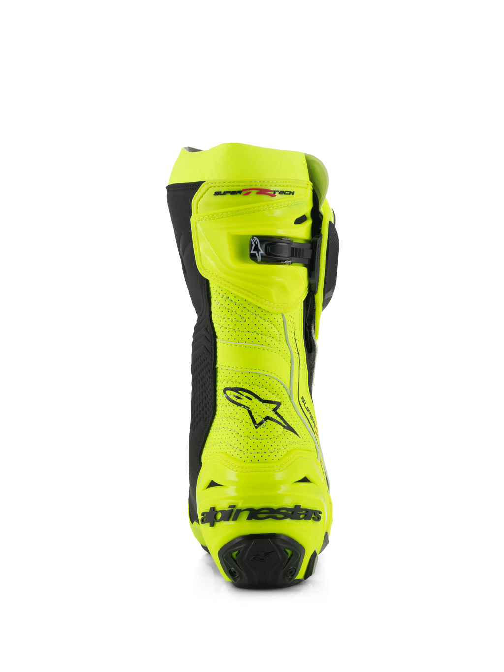 Stivali Alpinestars Supertech R Vented, vista posteriore, giallo fluo e nero, con struttura in microfibra traforata, chiusura a cricchetto micro-regolabile sulla parte superiore e marchio Alpinestars nero sul tallone, calzature da corsa professionali