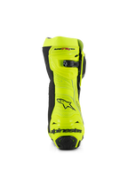 Stivali Alpinestars Supertech R Vented, vista posteriore, giallo fluo e nero, con struttura in microfibra traforata, chiusura a cricchetto micro-regolabile sulla parte superiore e marchio Alpinestars nero sul tallone, calzature da corsa professionali