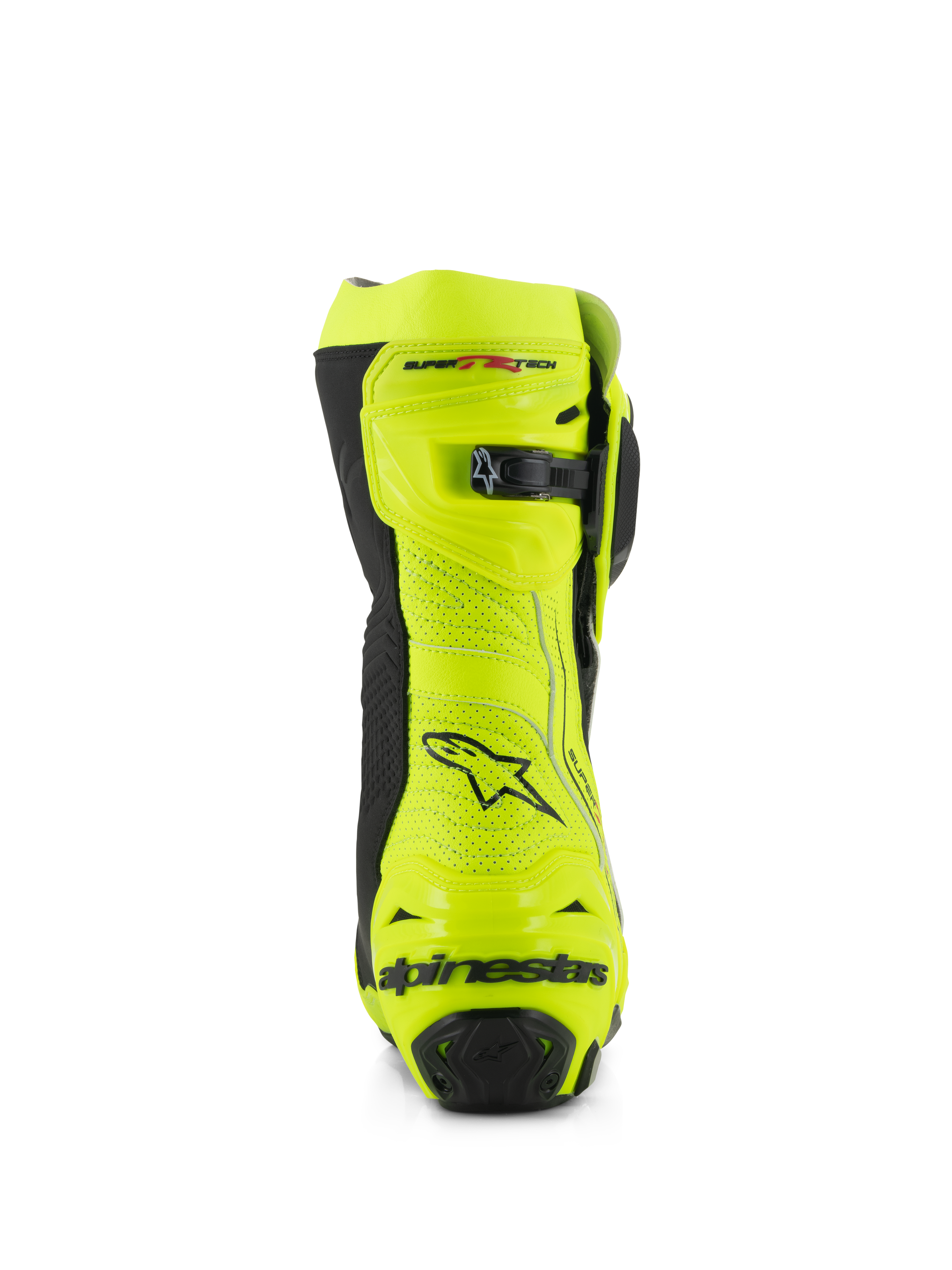 Stivali Alpinestars Supertech R Vented, vista posteriore, giallo fluo e nero, con struttura in microfibra traforata, chiusura a cricchetto micro-regolabile sulla parte superiore e marchio Alpinestars nero sul tallone, calzature da corsa professionali