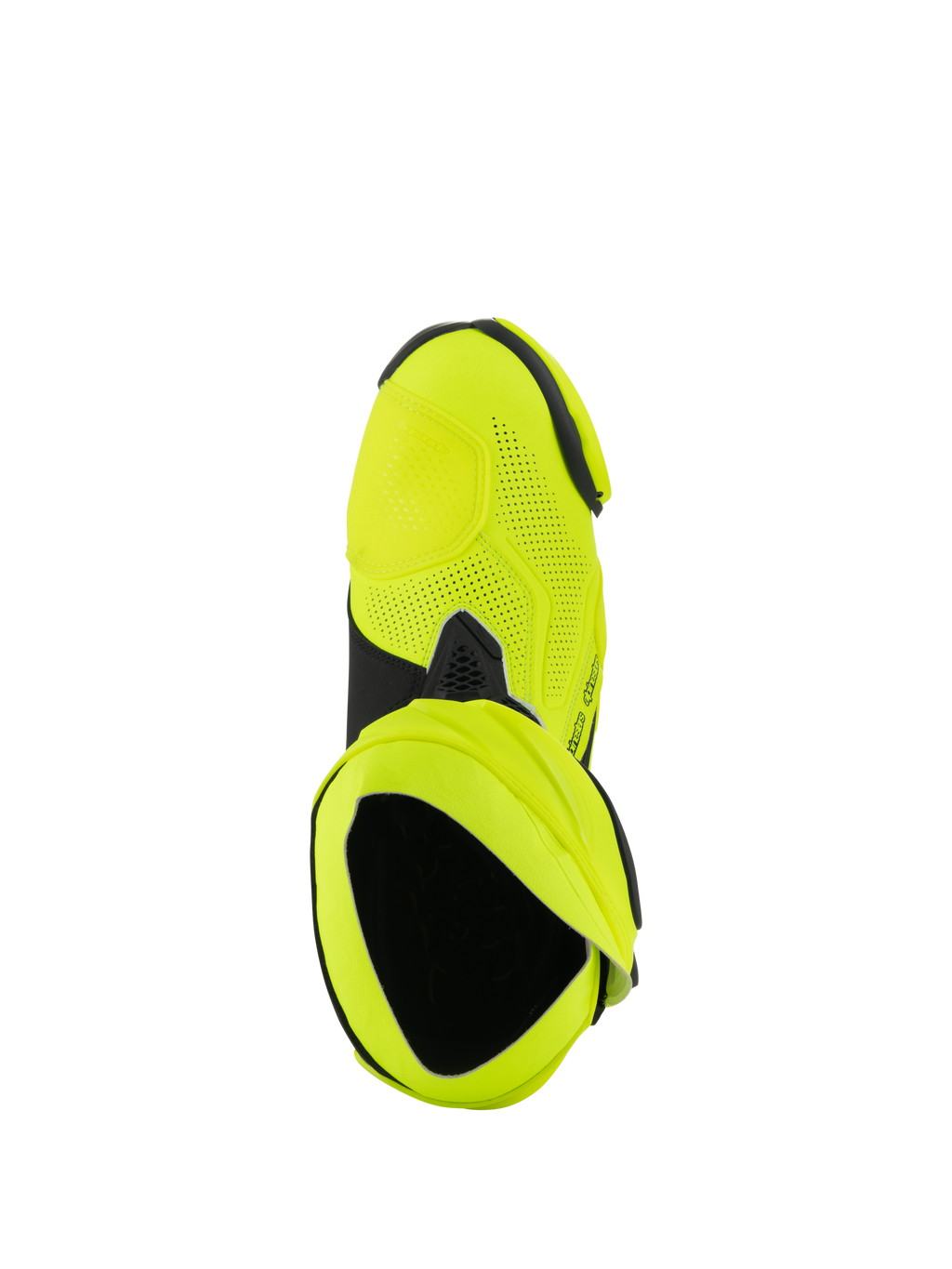 Alpinestars Stivali Supertech R Vented, stivali da moto racing, giallo fluo e nero, vista dall'alto con ampie perforazioni laser e apertura della scarpetta interna.