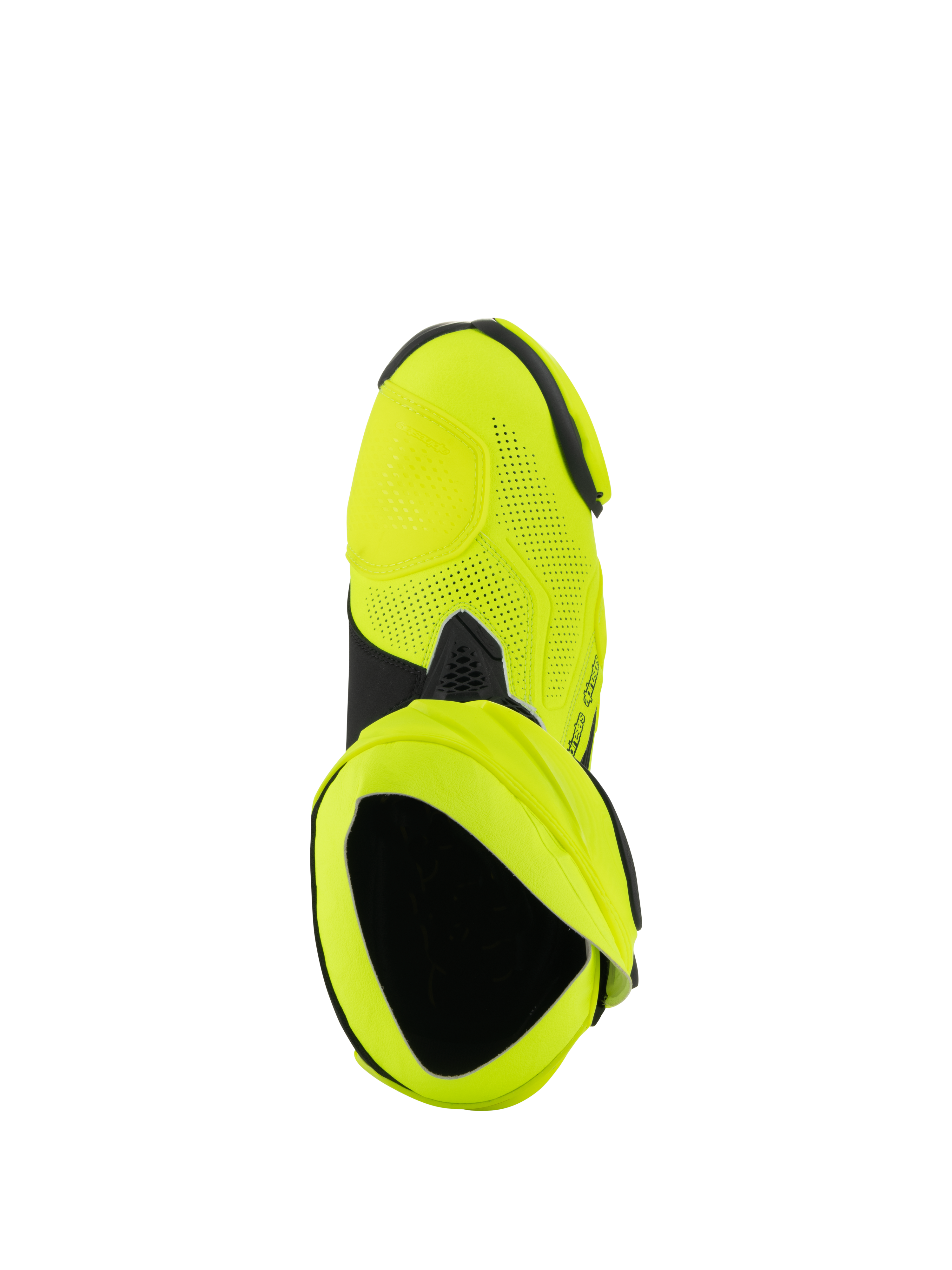 Alpinestars Stivali Supertech R Vented, stivali da moto racing, giallo fluo e nero, vista dall'alto con ampie perforazioni laser e apertura della scarpetta interna.