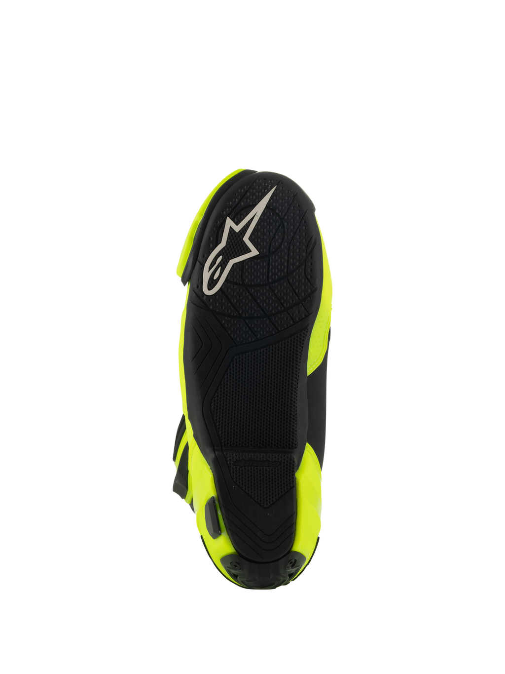 Stivali Alpinestars Supertech R Vented, vista dal basso della suola in gomma nera, trama di grip testurizzata per le pedane, logo A-star bianco, stivale da moto da corsa Giallo Fluo e Nero