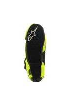 Stivali Alpinestars Supertech R Vented, vista dal basso della suola in gomma nera, trama di grip testurizzata per le pedane, logo A-star bianco, stivale da moto da corsa Giallo Fluo e Nero
