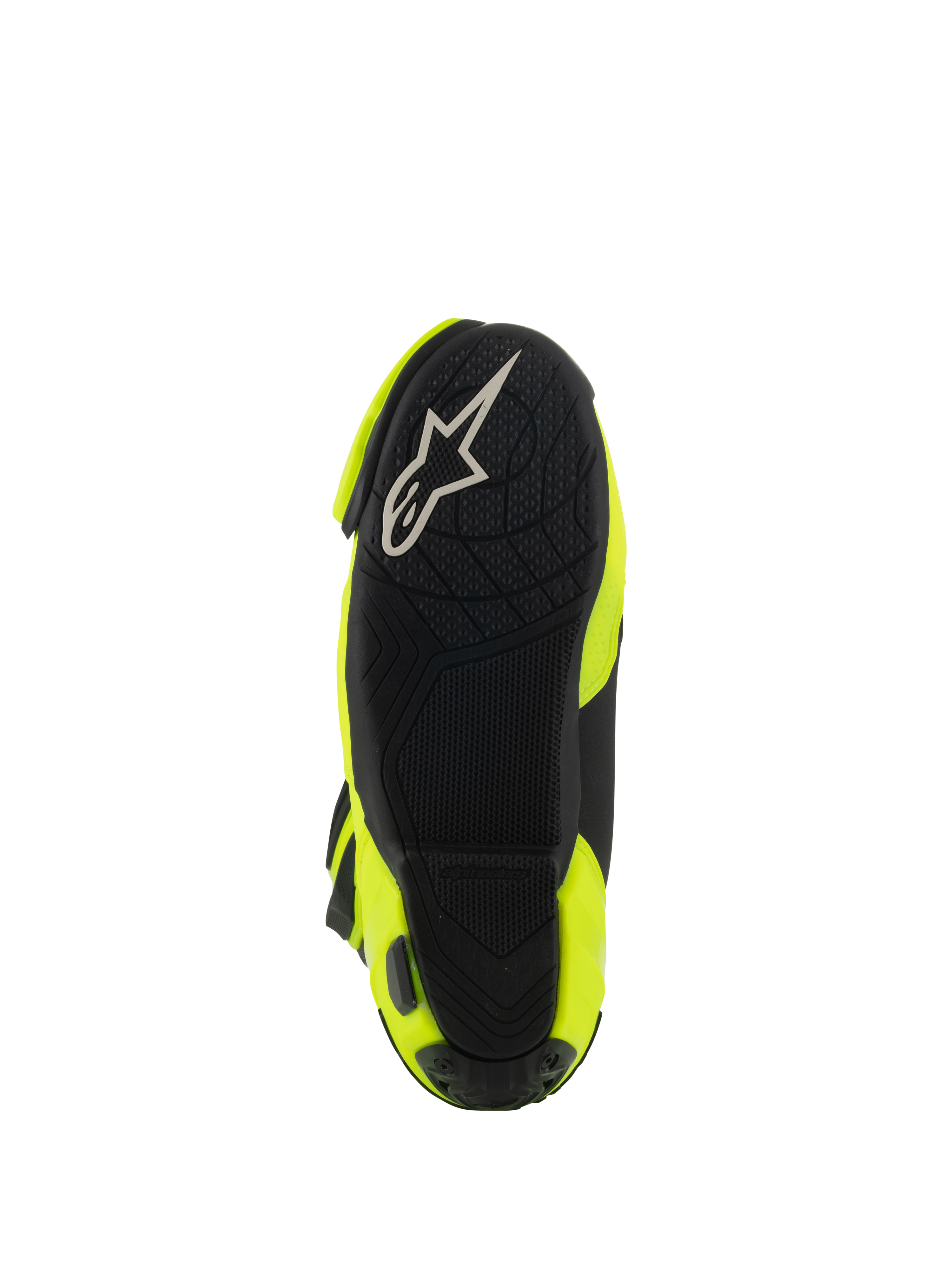 Stivali Alpinestars Supertech R Vented, vista dal basso della suola in gomma nera, trama di grip testurizzata per le pedane, logo A-star bianco, stivale da moto da corsa Giallo Fluo e Nero