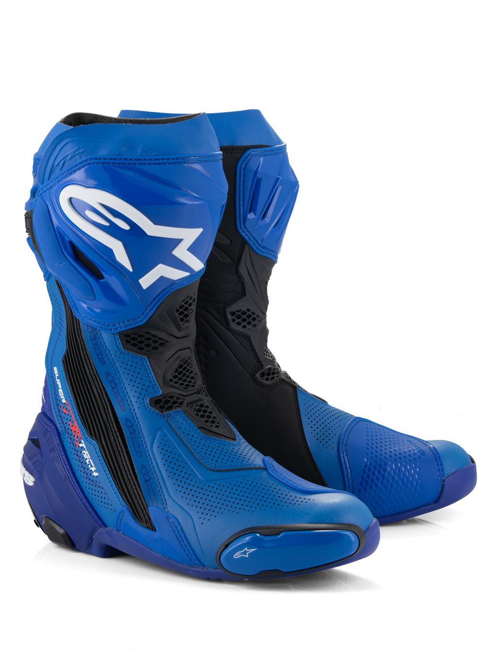 Alpinestars Supertech R Vented Boots, stivali da moto racing, blu e nero, caratterizzati da microfibra perforata per la ventilazione, logo Alpinestars bianco sullo stinco, piastre protettive e saponette in TPU, design professionale da pista