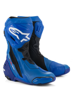 Alpinestars Supertech R Vented Boots, stivali da moto racing, blu e nero, caratterizzati da microfibra perforata per la ventilazione, logo Alpinestars bianco sullo stinco, piastre protettive e saponette in TPU, design professionale da pista