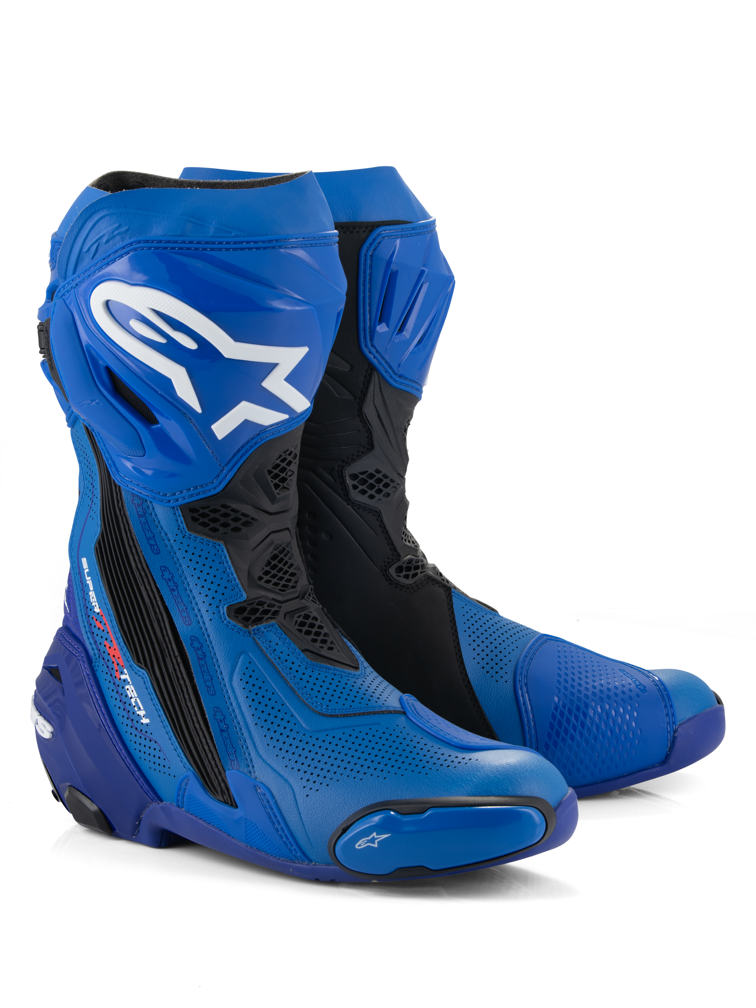Alpinestars Supertech R Vented Boots, stivali da moto racing, blu e nero, caratterizzati da microfibra perforata per la ventilazione, logo Alpinestars bianco sullo stinco, piastre protettive e saponette in TPU, design professionale da pista