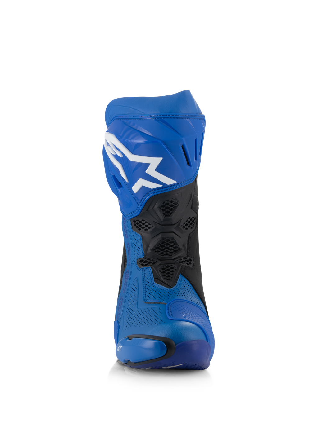 Stivali Alpinestars Supertech R Vented, stivali da moto racing blu e neri, vista frontale, tomaia in microfibra traforata, logo Astar bianco sulla placca tibiale, pannelli in mesh ventilati e slider protettivi.