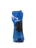 Stivali Alpinestars Supertech R Vented, stivali da moto racing blu e neri, vista frontale, tomaia in microfibra traforata, logo Astar bianco sulla placca tibiale, pannelli in mesh ventilati e slider protettivi.