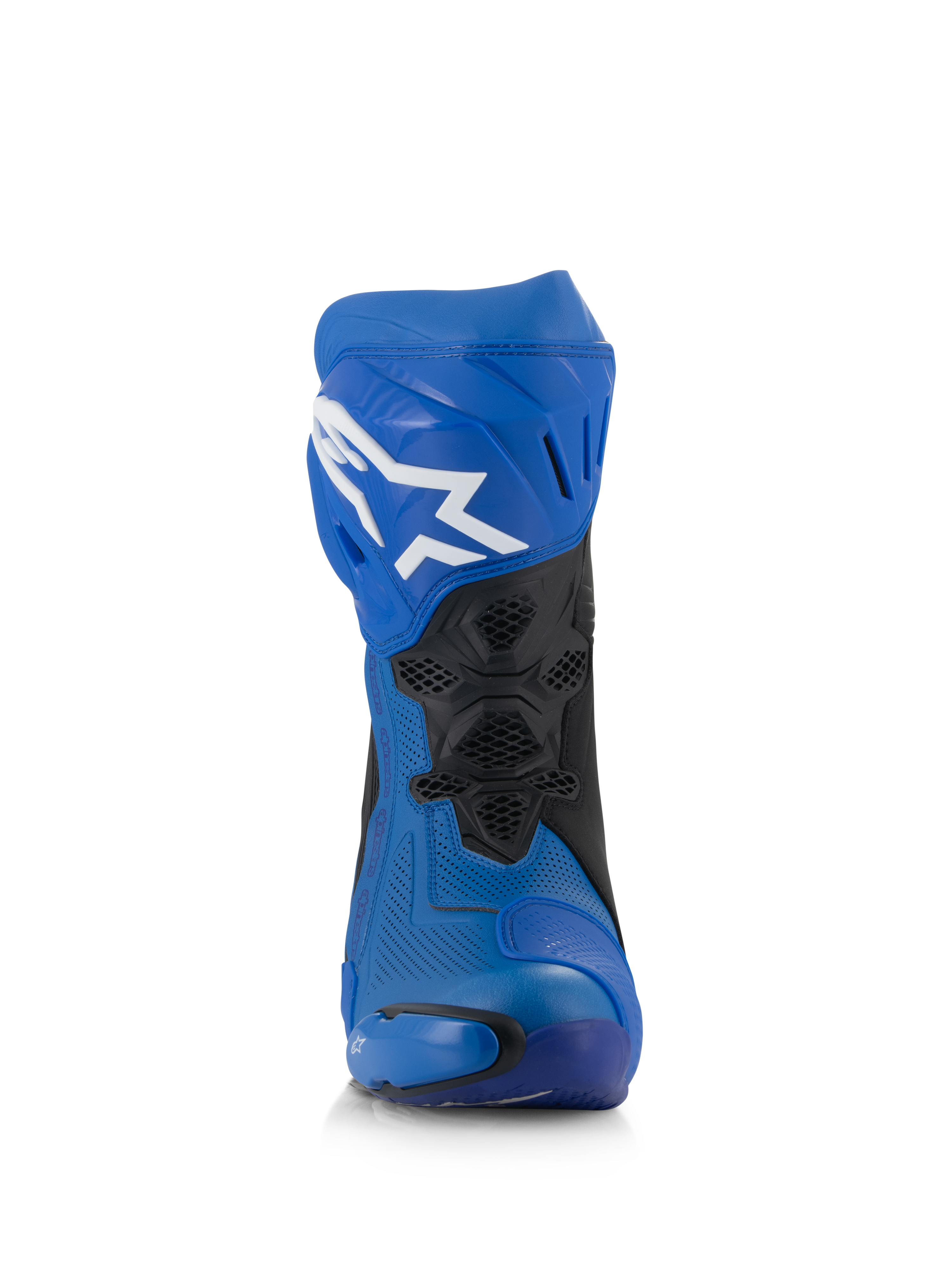 Stivali Alpinestars Supertech R Vented, stivali da moto racing blu e neri, vista frontale, tomaia in microfibra traforata, logo Astar bianco sulla placca tibiale, pannelli in mesh ventilati e slider protettivi.
