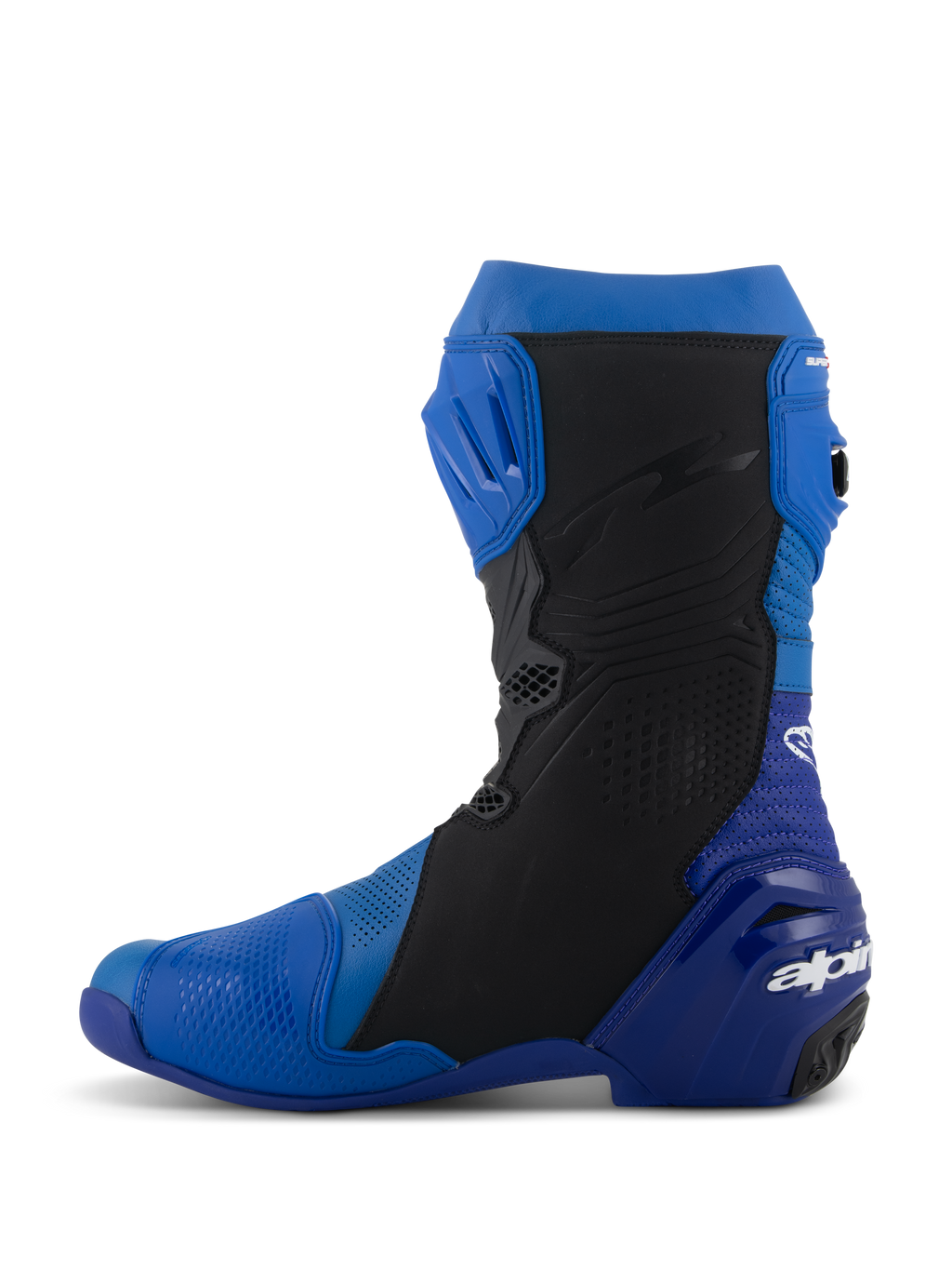 Alpinestars Supertech R Vented Boots, blu e nero, vista di profilo, stivali da moto racing ad alte prestazioni con microfibra perforata per la ventilazione, piastra tibiale in TPU e marchio Alpinestars sul tallone.
