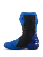Alpinestars Supertech R Vented Boots, blu e nero, vista di profilo, stivali da moto racing ad alte prestazioni con microfibra perforata per la ventilazione, piastra tibiale in TPU e marchio Alpinestars sul tallone.