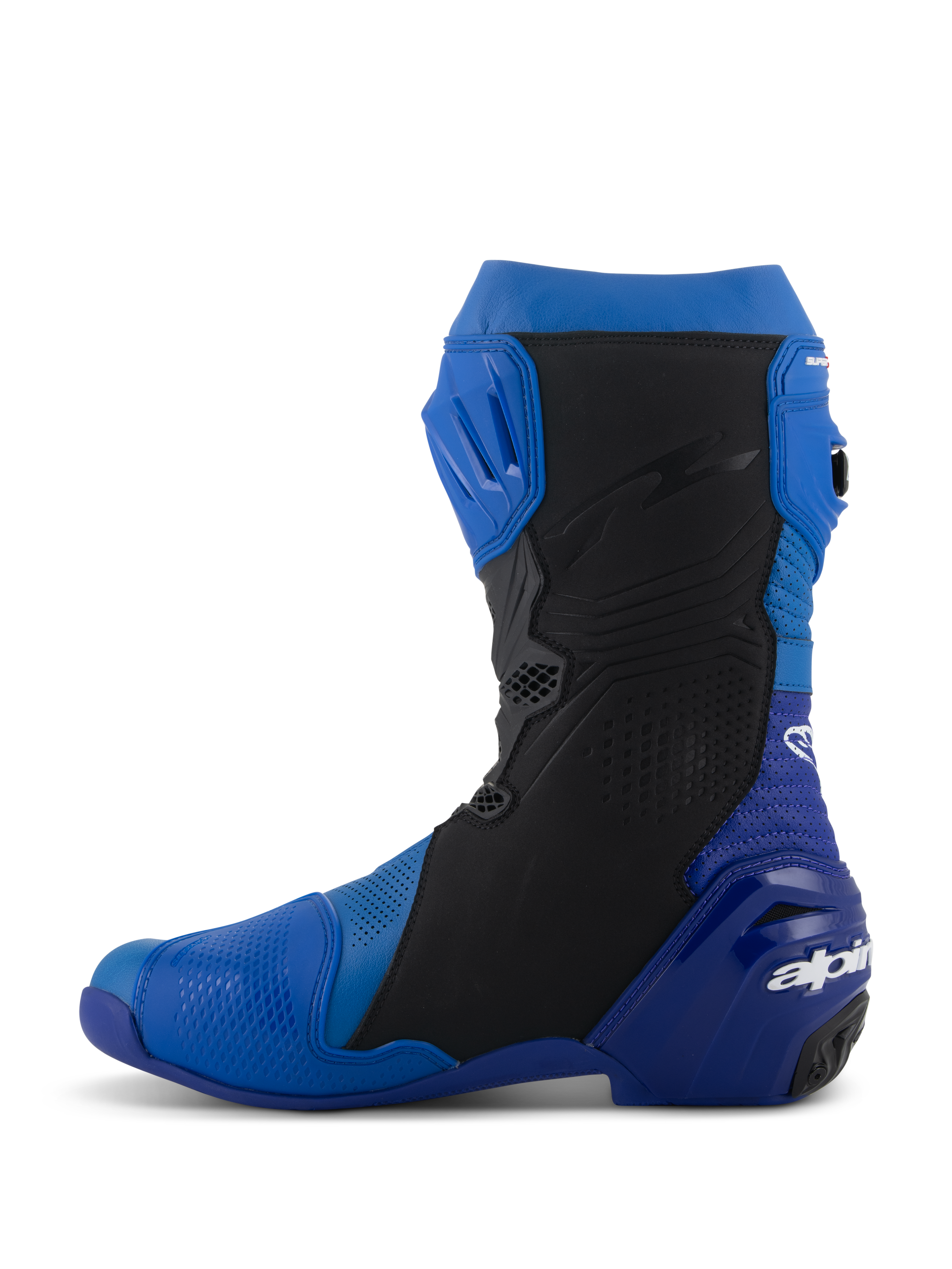 Alpinestars Supertech R Vented Boots, blu e nero, vista di profilo, stivali da moto racing ad alte prestazioni con microfibra perforata per la ventilazione, piastra tibiale in TPU e marchio Alpinestars sul tallone.