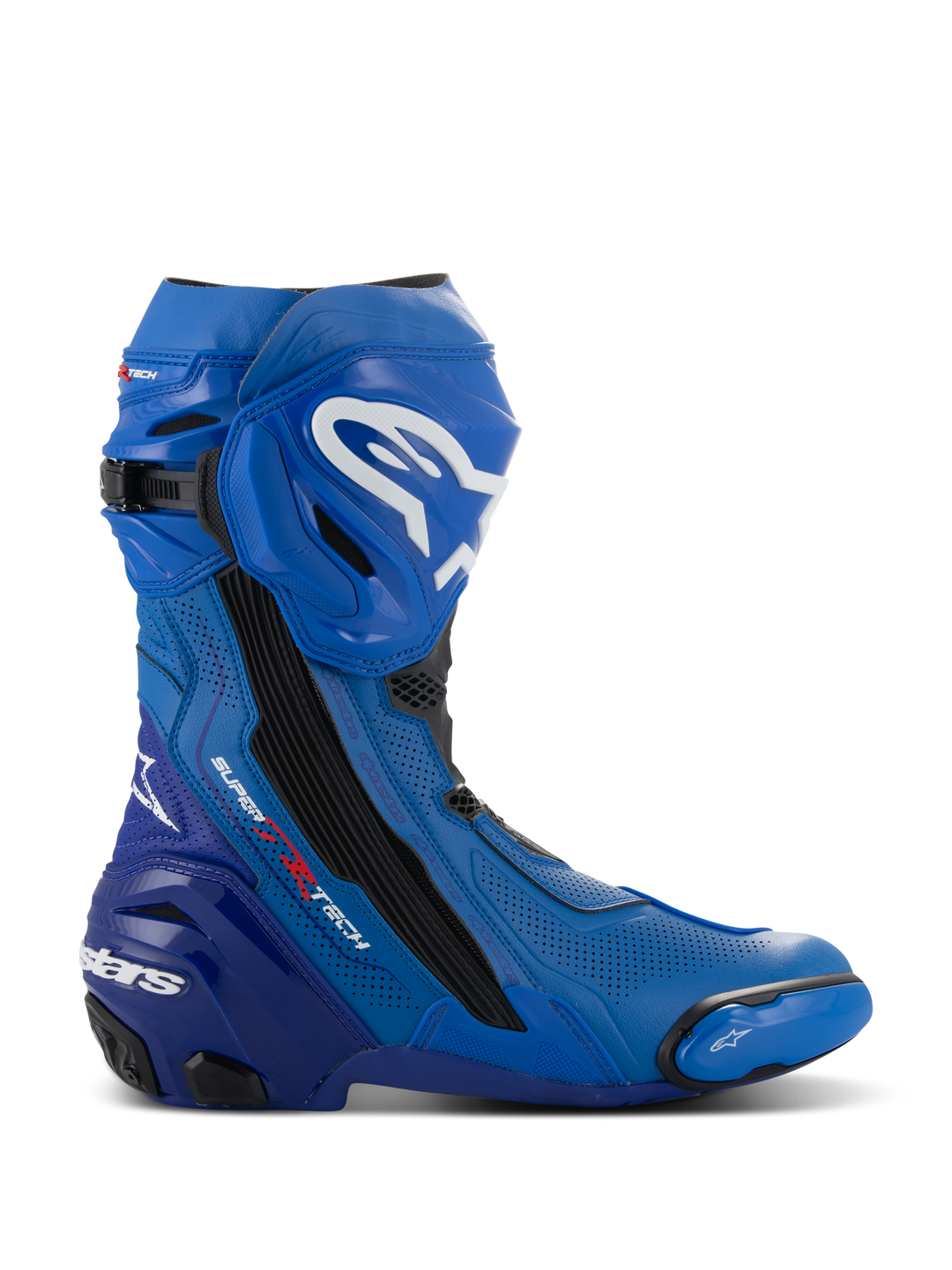 Alpinestars Supertech R Vented Boots, stivali da moto racing blu e neri, profilo laterale con loghi bianchi, ampie zone di ventilazione traforate, tallone rinforzato e slider punta sostituibile
