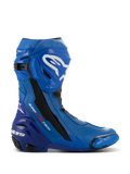 Alpinestars Supertech R Vented Boots, stivali da moto racing blu e neri, profilo laterale con loghi bianchi, ampie zone di ventilazione traforate, tallone rinforzato e slider punta sostituibile
