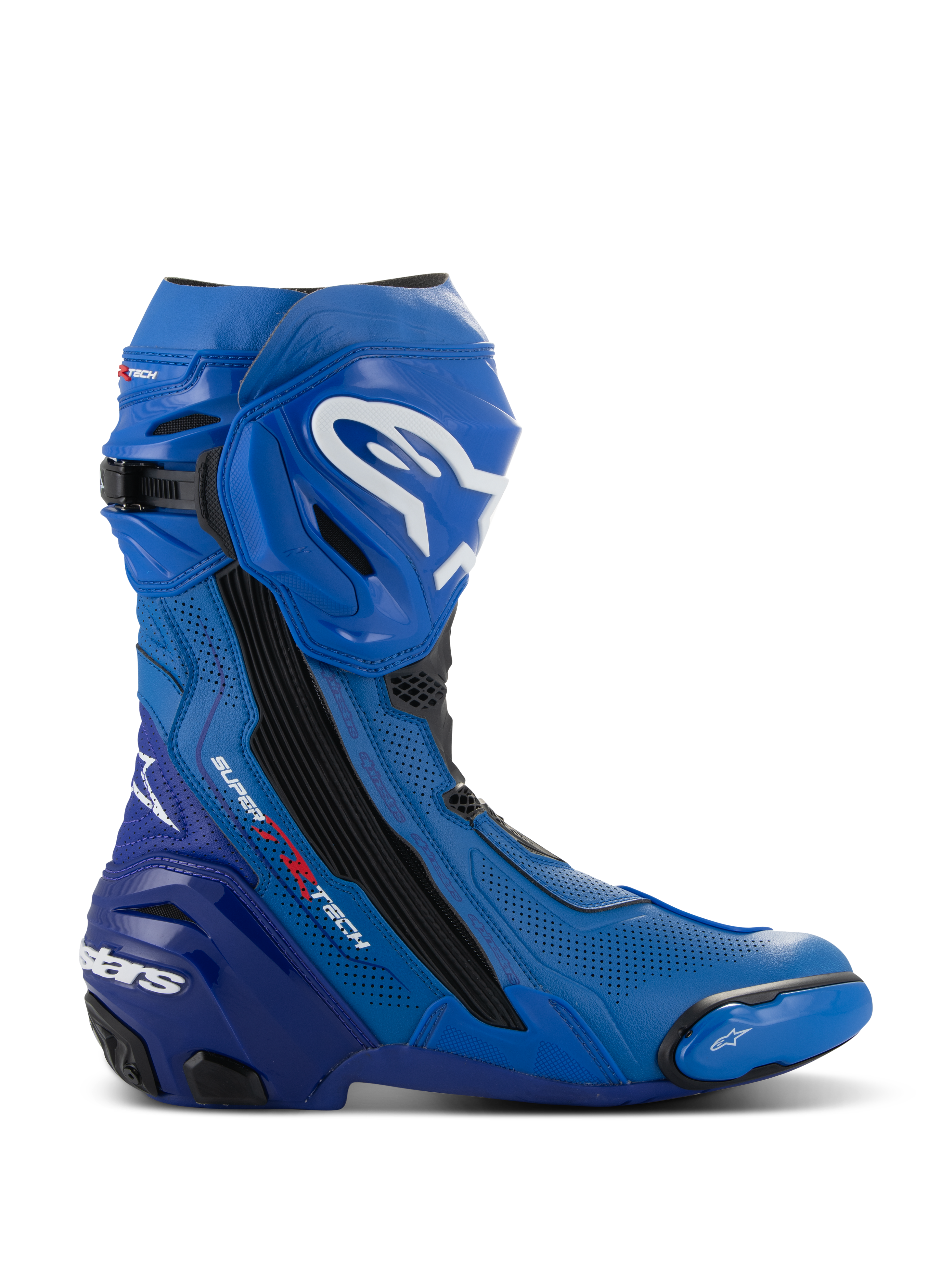Alpinestars Supertech R Vented Boots, stivali da moto racing blu e neri, profilo laterale con loghi bianchi, ampie zone di ventilazione traforate, tallone rinforzato e slider punta sostituibile