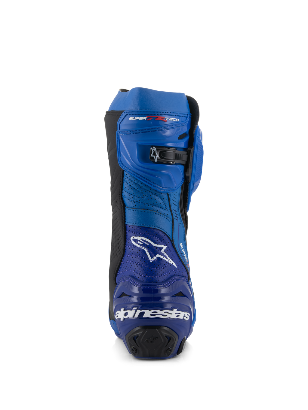 Alpinestars Supertech R Vented Boots, stivali da moto racing, blu e nero, vista posteriore con logo e scritta Alpinestars sul tallone, pannelli in microfibra traforata e chiusura a cricchetto micro-regolabile sulla parte superiore