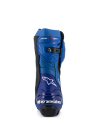Alpinestars Supertech R Vented Boots, stivali da moto racing, blu e nero, vista posteriore con logo e scritta Alpinestars sul tallone, pannelli in microfibra traforata e chiusura a cricchetto micro-regolabile sulla parte superiore