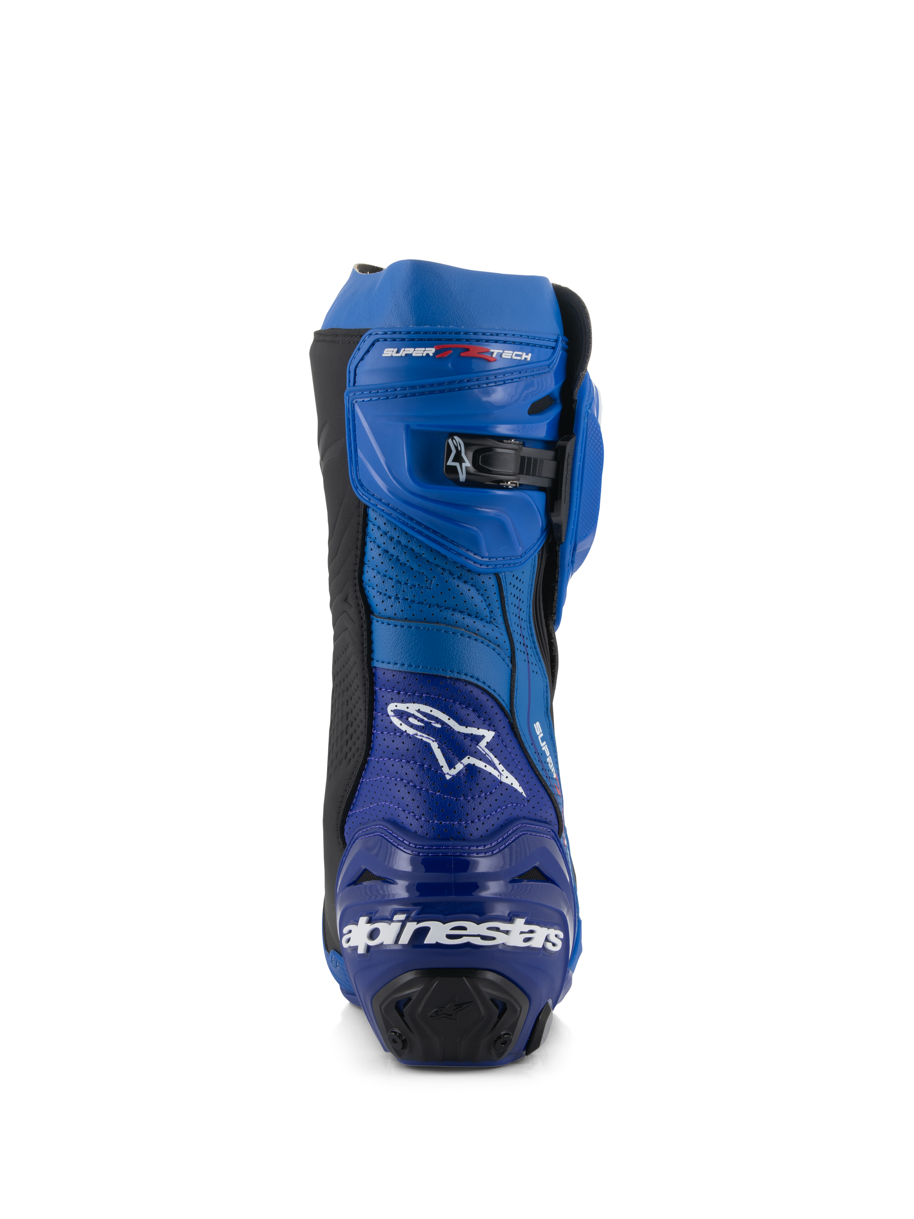 Alpinestars Supertech R Vented Boots, stivali da moto racing, blu e nero, vista posteriore con logo e scritta Alpinestars sul tallone, pannelli in microfibra traforata e chiusura a cricchetto micro-regolabile sulla parte superiore