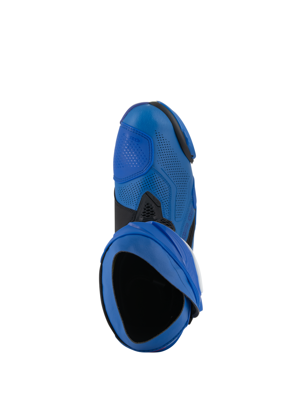 Stivali Alpinestars Supertech R Vented, stivali da moto racing, blu e nero, vista dall'alto che mostra l'apertura e la tomaia in microfibra traforata, calzature da motorsport ad alte prestazioni con design ventilato