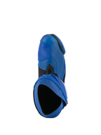 Stivali Alpinestars Supertech R Vented, stivali da moto racing, blu e nero, vista dall'alto che mostra l'apertura e la tomaia in microfibra traforata, calzature da motorsport ad alte prestazioni con design ventilato