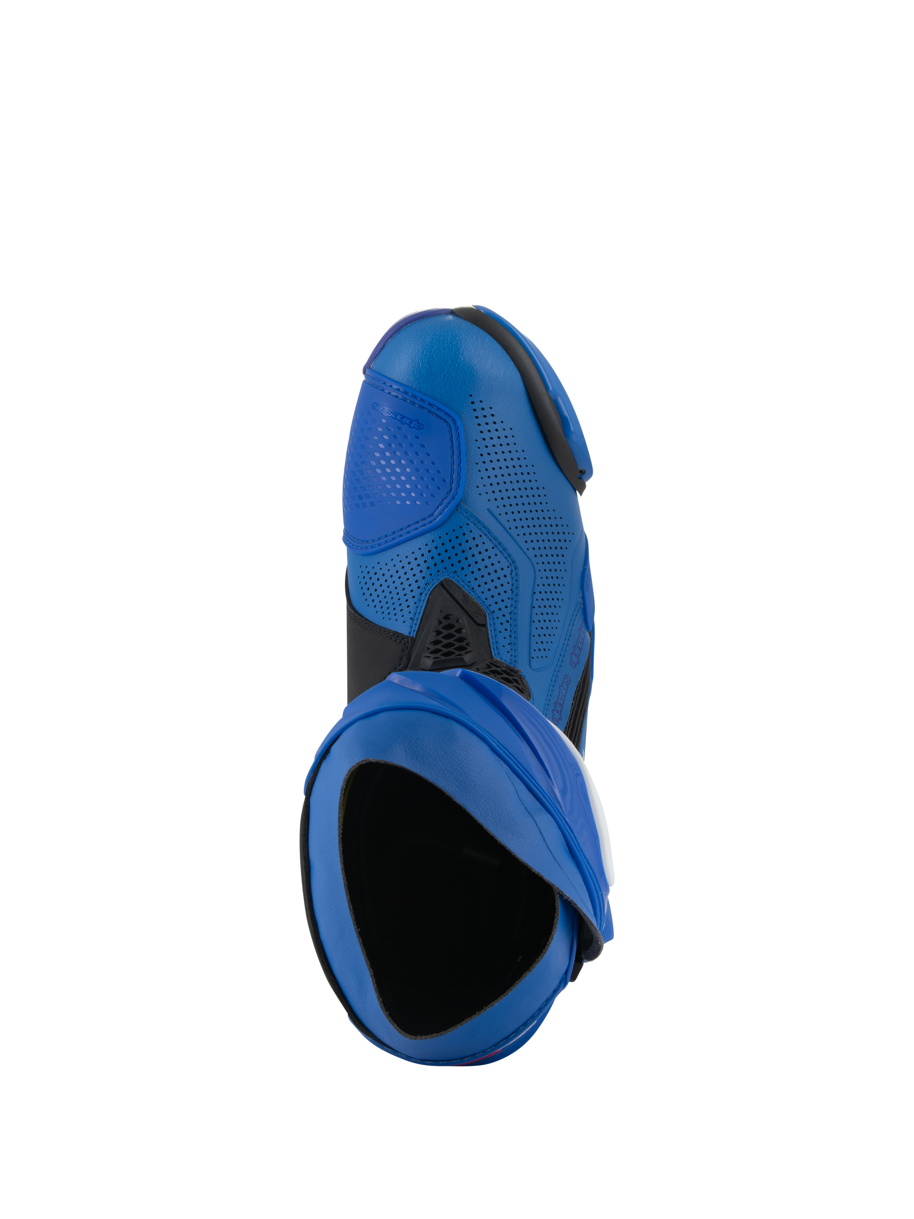 Stivali Alpinestars Supertech R Vented, stivali da moto racing, blu e nero, vista dall'alto che mostra l'apertura e la tomaia in microfibra traforata, calzature da motorsport ad alte prestazioni con design ventilato
