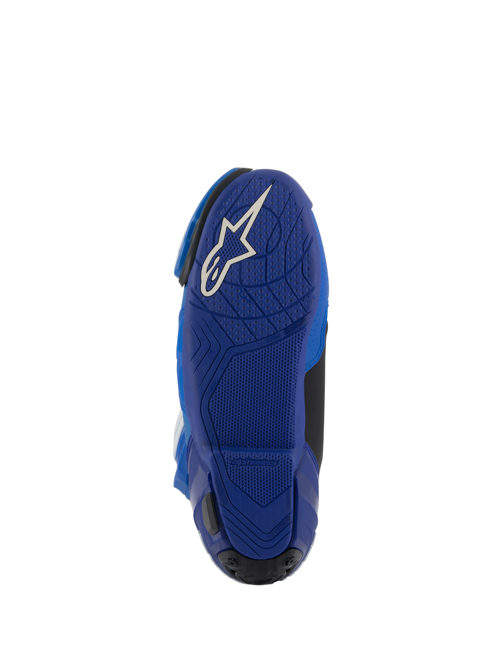 Stivali Alpinestars Supertech R Vented, blu e nero, vista dal basso della suola in gomma blu con logo Astars bianco, con motivi di grip testurizzati per il controllo sulle pedane, calzature da corsa motociclistica ad alte prestazioni.