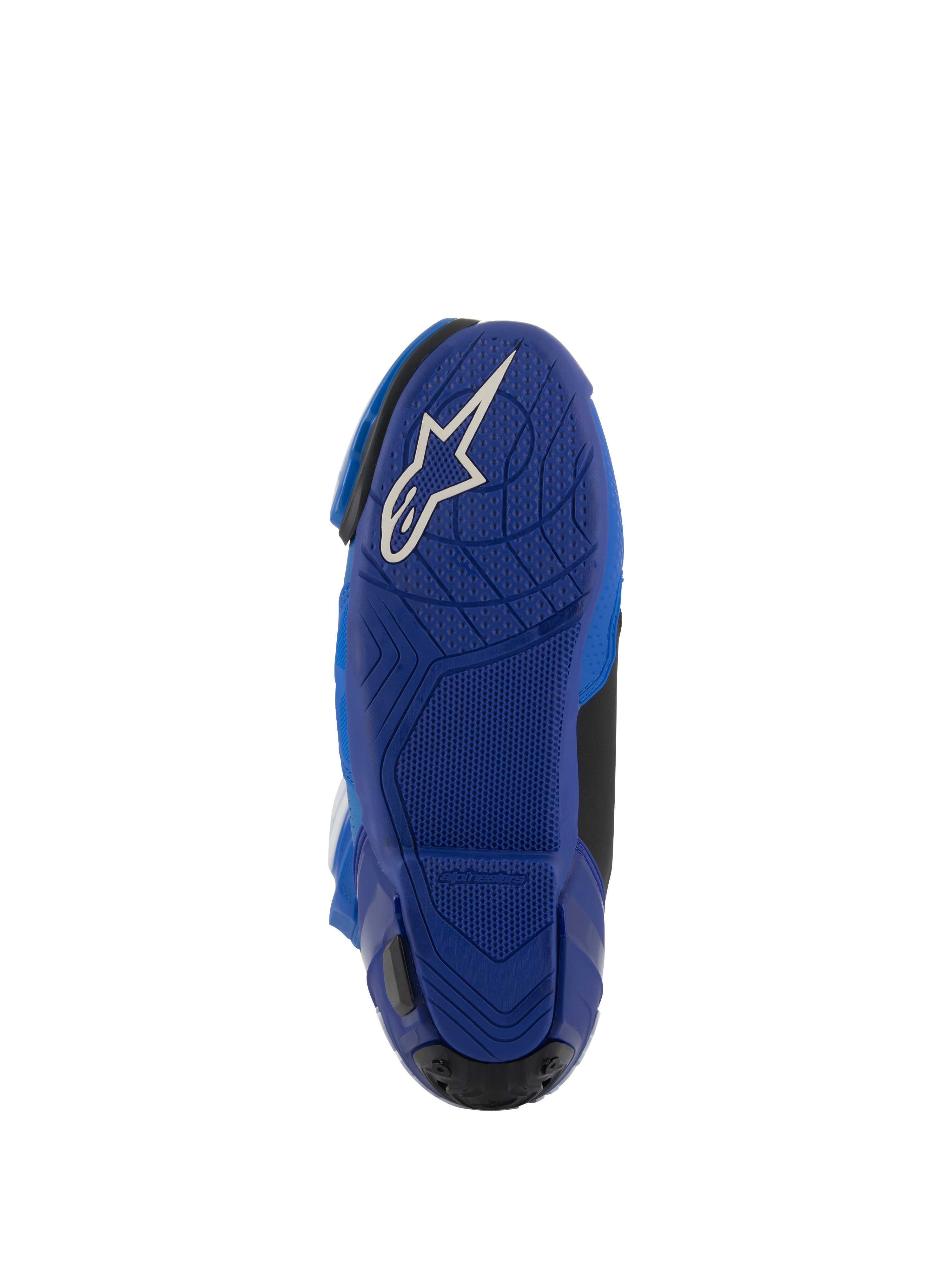 Stivali Alpinestars Supertech R Vented, blu e nero, vista dal basso della suola in gomma blu con logo Astars bianco, con motivi di grip testurizzati per il controllo sulle pedane, calzature da corsa motociclistica ad alte prestazioni.