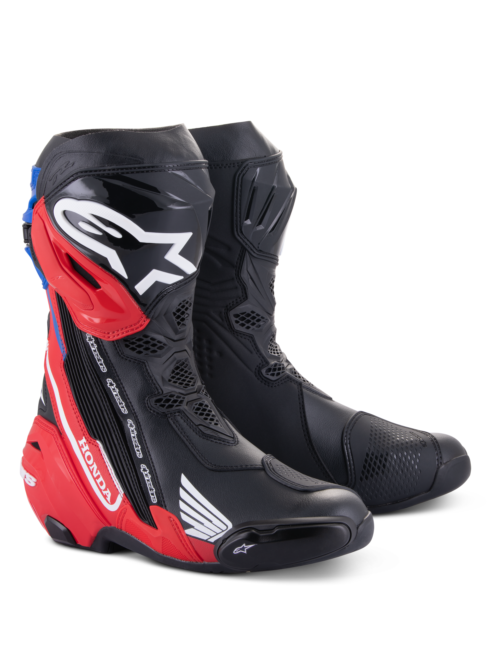 Stivali Alpinestars Honda Supertech R, stivali da corsa per moto, nero, rosso brillante e blu, con parastinchi in TPU, marchio Honda e design aerodinamico avanzato per prestazioni su pista e strada.