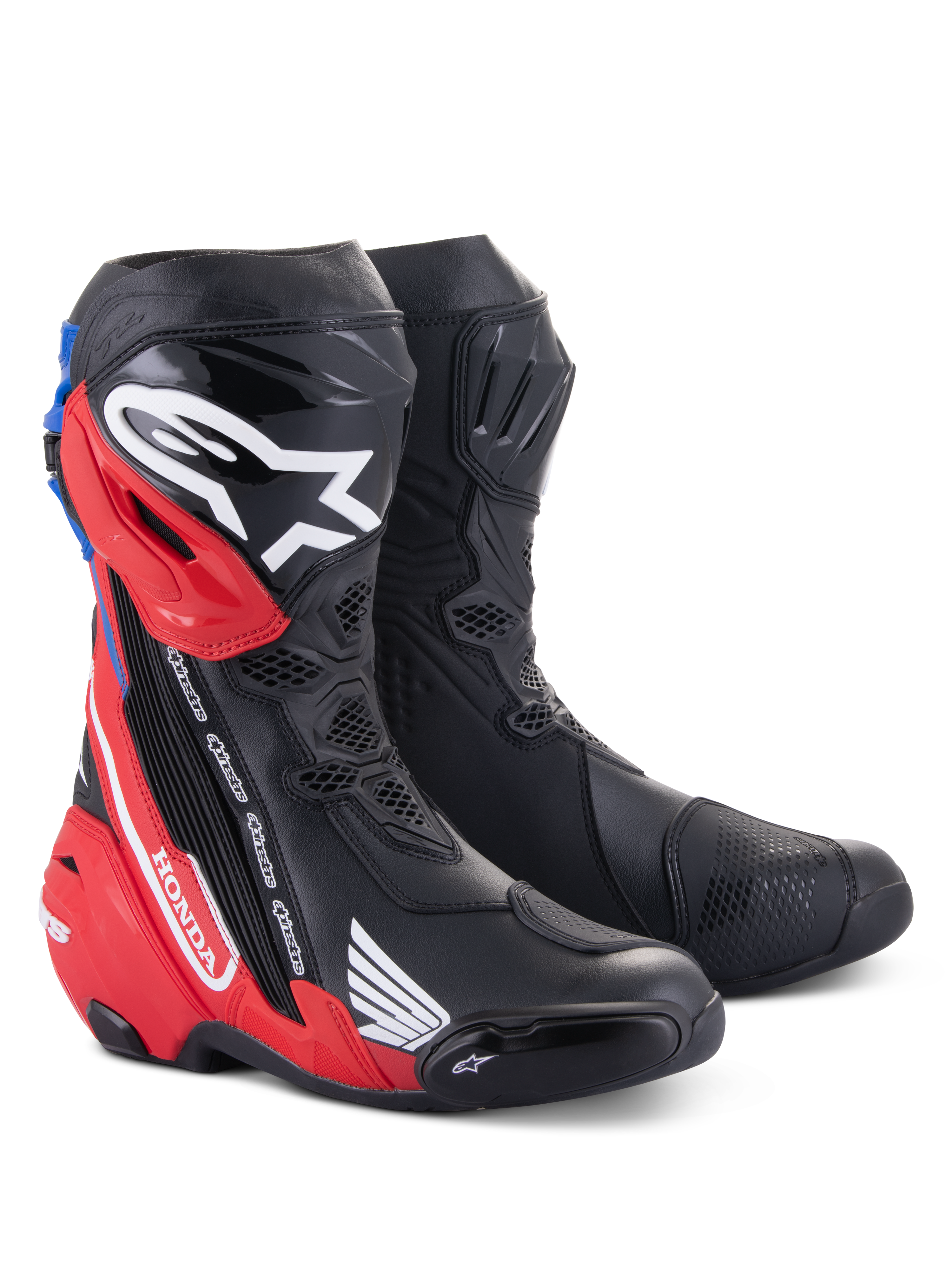 Stivali Alpinestars Honda Supertech R, stivali da corsa per moto, nero, rosso brillante e blu, con parastinchi in TPU, marchio Honda e design aerodinamico avanzato per prestazioni su pista e strada.