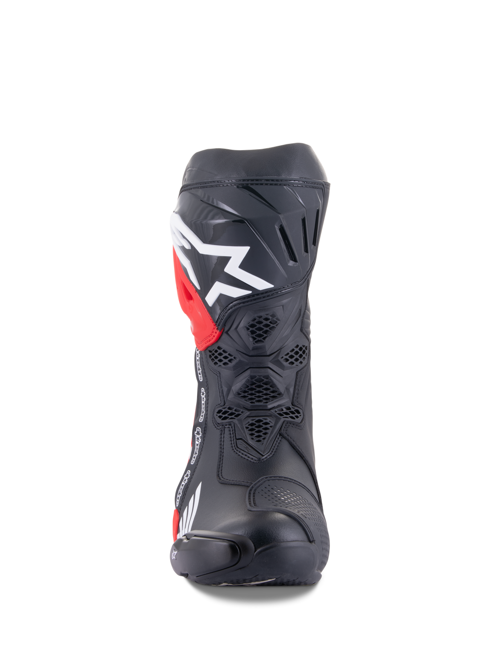 Stivali Alpinestars Honda Supertech R, stivali da moto racing, nero con dettagli rossi e bianchi, vista frontale che mostra la ventilazione in rete a nido d'ape, grande logo bianco sulla tibia e costruzione in microfibra ad alte prestazioni.