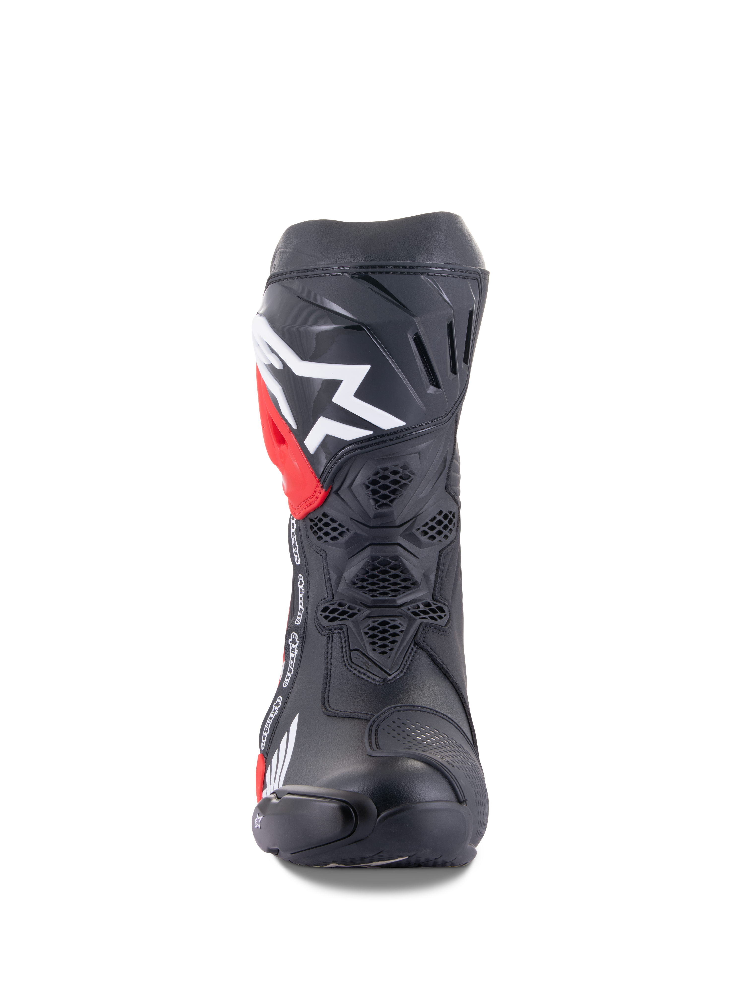 Stivali Alpinestars Honda Supertech R, stivali da moto racing, nero con dettagli rossi e bianchi, vista frontale che mostra la ventilazione in rete a nido d'ape, grande logo bianco sulla tibia e costruzione in microfibra ad alte prestazioni.