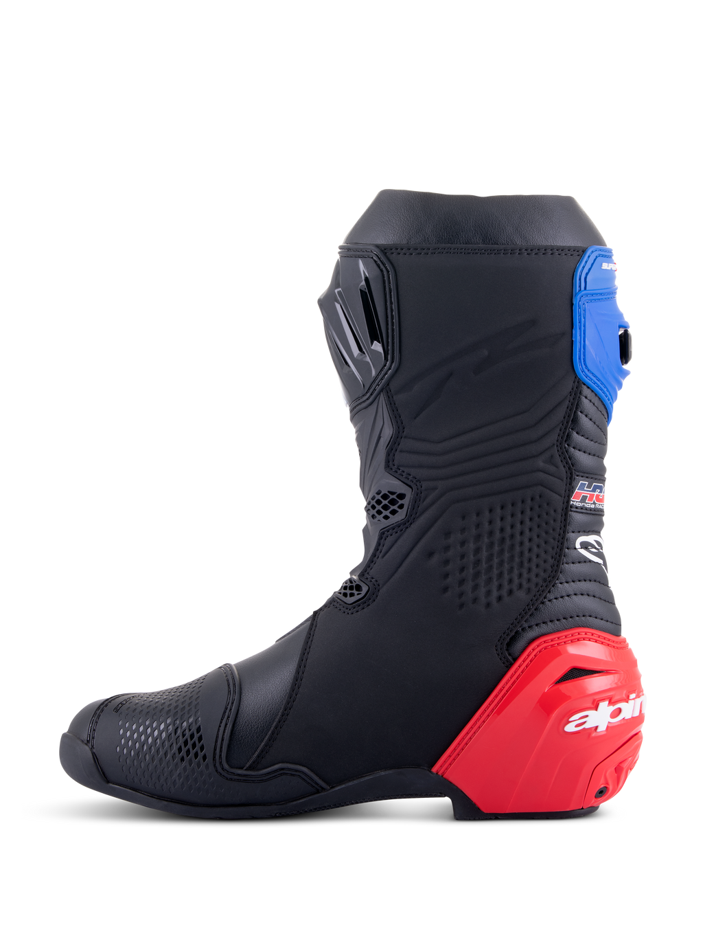 Stivali Alpinestars Honda Supertech R, stivali da moto racing, nero con accenti rosso acceso e blu, con vistoso cursore del tallone in TPU rosso, ghetta superiore blu e loghi Alpinestars, design tecnico per prestazioni professionali su pista e strada