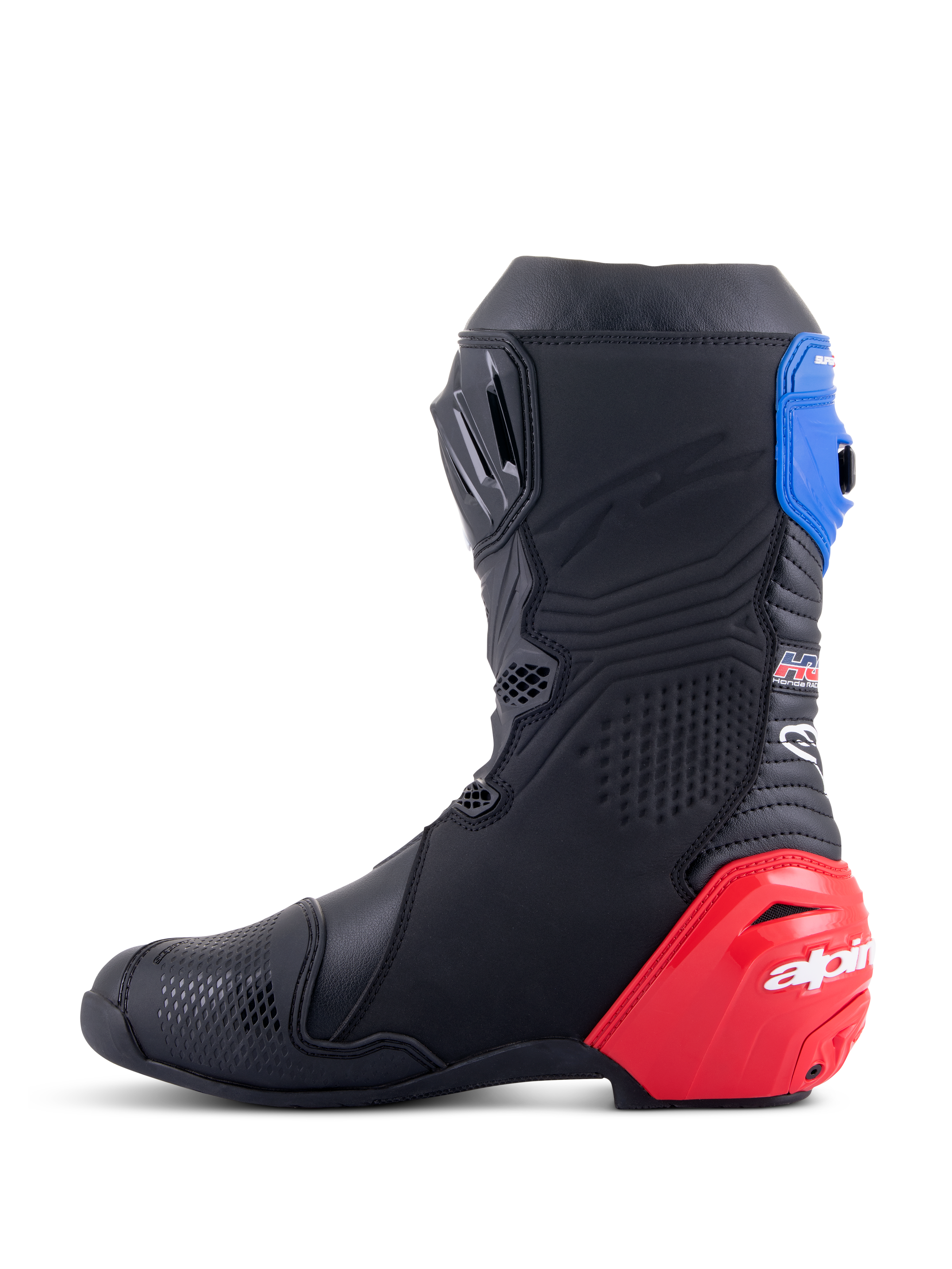Stivali Alpinestars Honda Supertech R, stivali da moto racing, nero con accenti rosso acceso e blu, con vistoso cursore del tallone in TPU rosso, ghetta superiore blu e loghi Alpinestars, design tecnico per prestazioni professionali su pista e strada