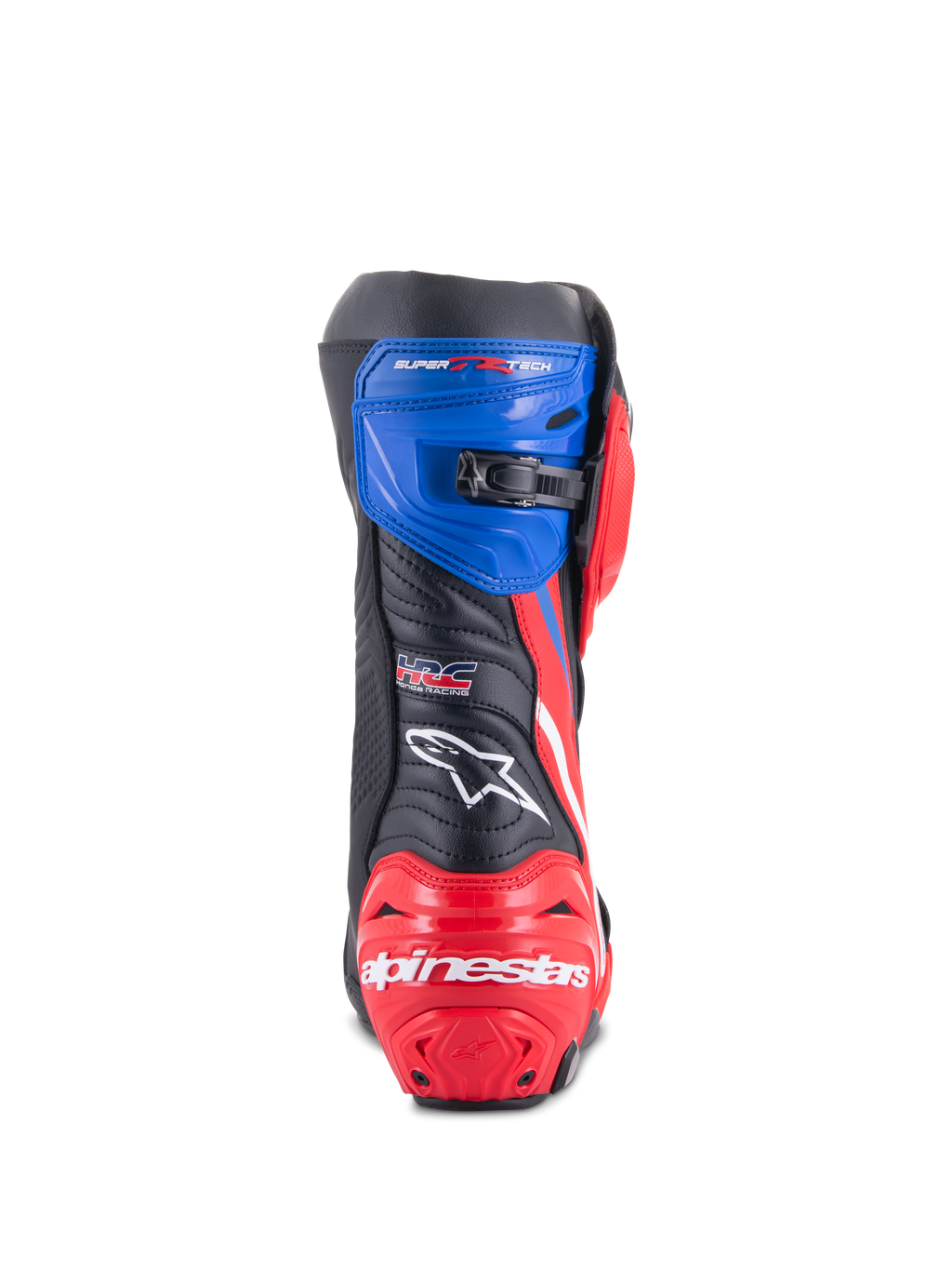 Stivali Alpinestars Honda Supertech R, stivali da moto racing, nero, rosso brillante e blu, vista posteriore con tallone rinforzato rosso e branding bianco, ghetta superiore blu con chiusura a cricchetto micro-regolabile e logo HRC sul retro