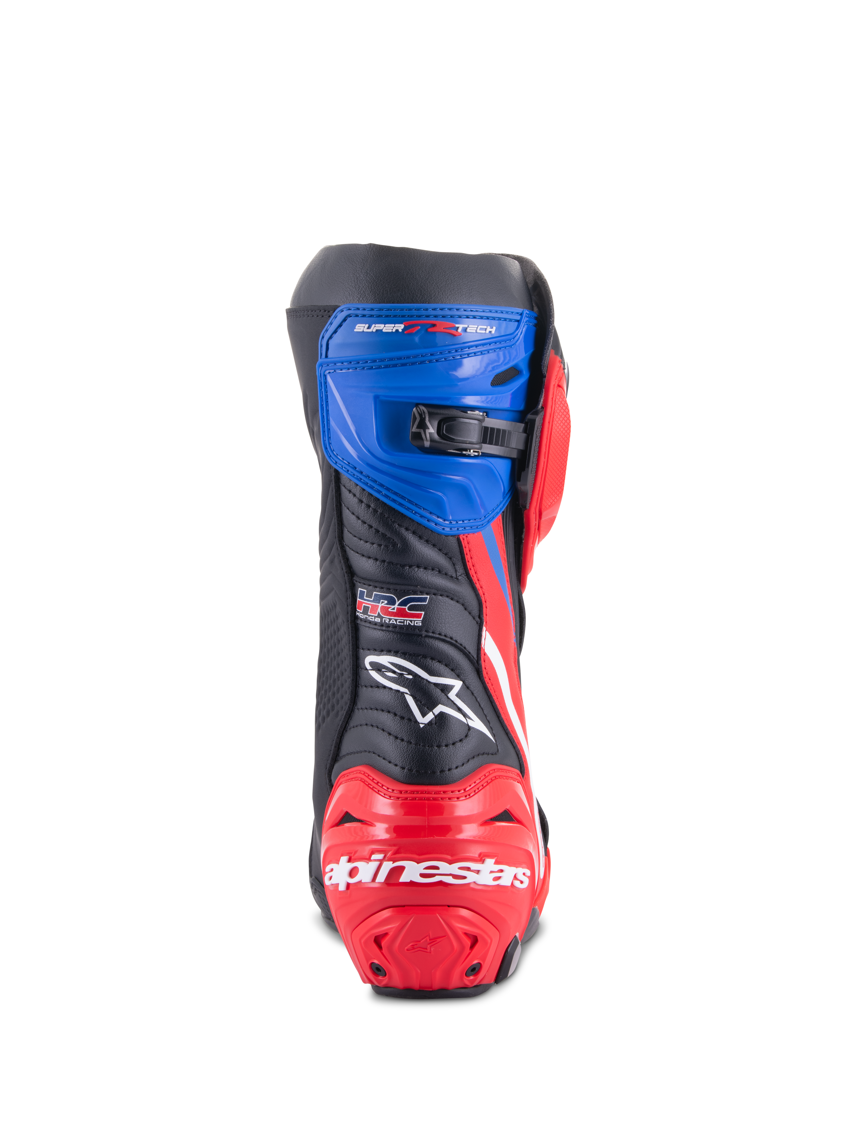 Stivali Alpinestars Honda Supertech R, stivali da moto racing, nero, rosso brillante e blu, vista posteriore con tallone rinforzato rosso e branding bianco, ghetta superiore blu con chiusura a cricchetto micro-regolabile e logo HRC sul retro