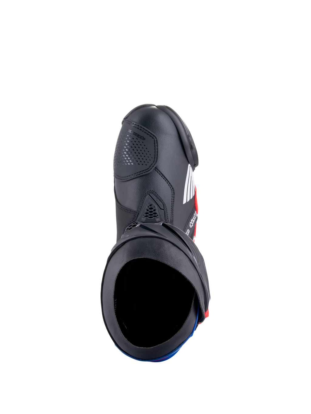 Stivali Alpinestars Honda Supertech R, stivali da corsa per moto, nero, rosso acceso e blu, vista dall'alto che mostra l'apertura dello stivale e la costruzione in microfibra, con piastre protettive in TPU e un design racing aerodinamico