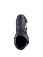 Stivali Alpinestars Honda Supertech R, stivali da corsa per moto, nero, rosso acceso e blu, vista dall'alto che mostra l'apertura dello stivale e la costruzione in microfibra, con piastre protettive in TPU e un design racing aerodinamico