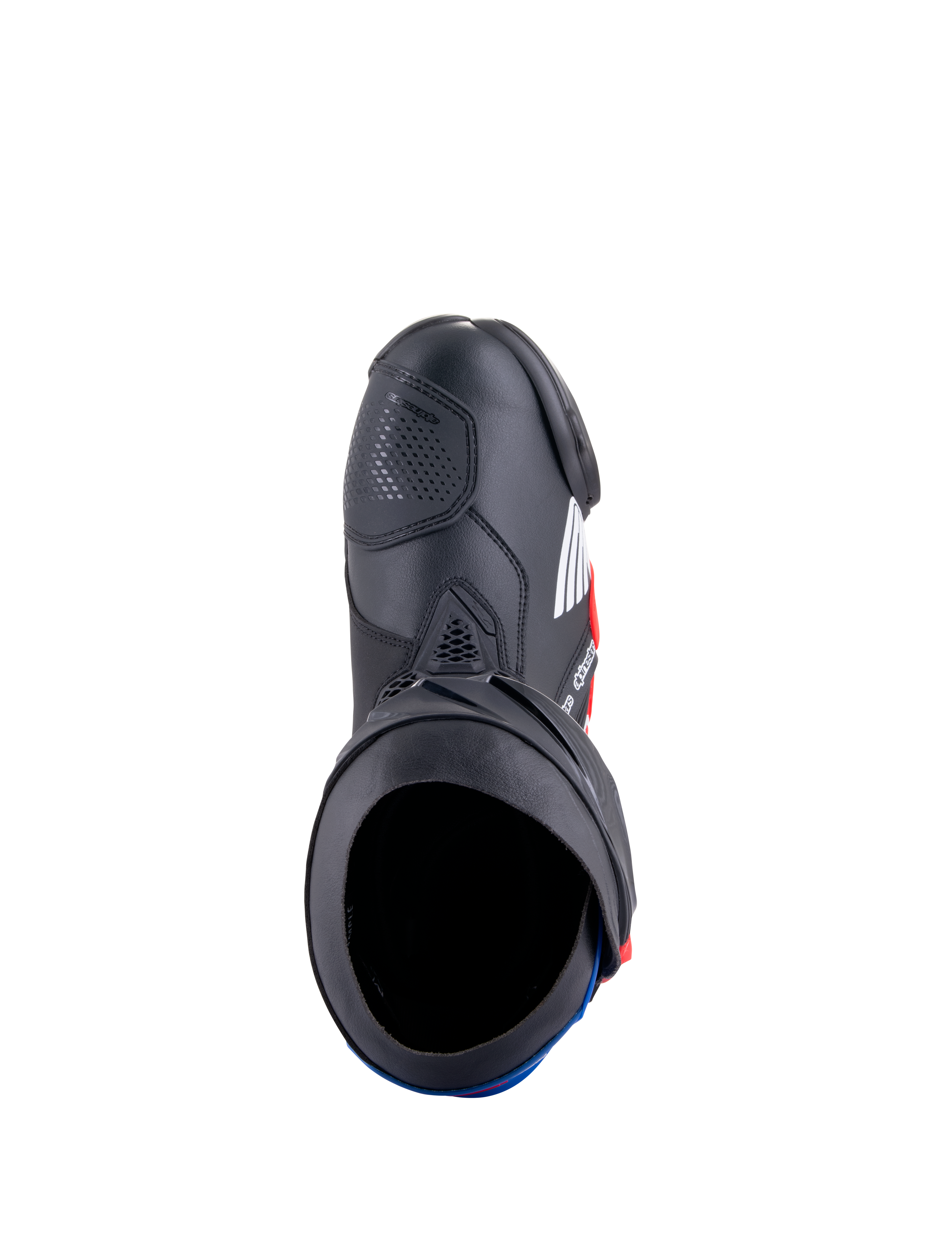 Stivali Alpinestars Honda Supertech R, stivali da corsa per moto, nero, rosso acceso e blu, vista dall'alto che mostra l'apertura dello stivale e la costruzione in microfibra, con piastre protettive in TPU e un design racing aerodinamico