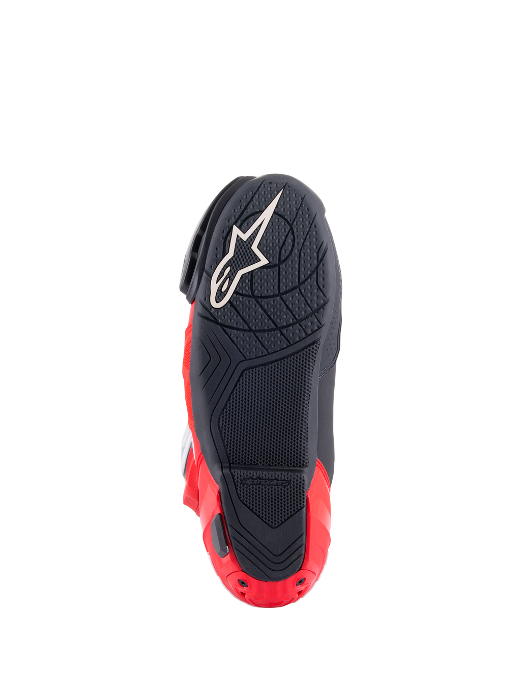 Stivali Alpinestars Honda Supertech R, vista della suola, nero e rosso vivace, con mescola di gomma testurizzata per il grip, logo Astar bianco sull'avampiede e slider della piastra del tallone rosso, calzatura da moto racing ad alte prestazioni.