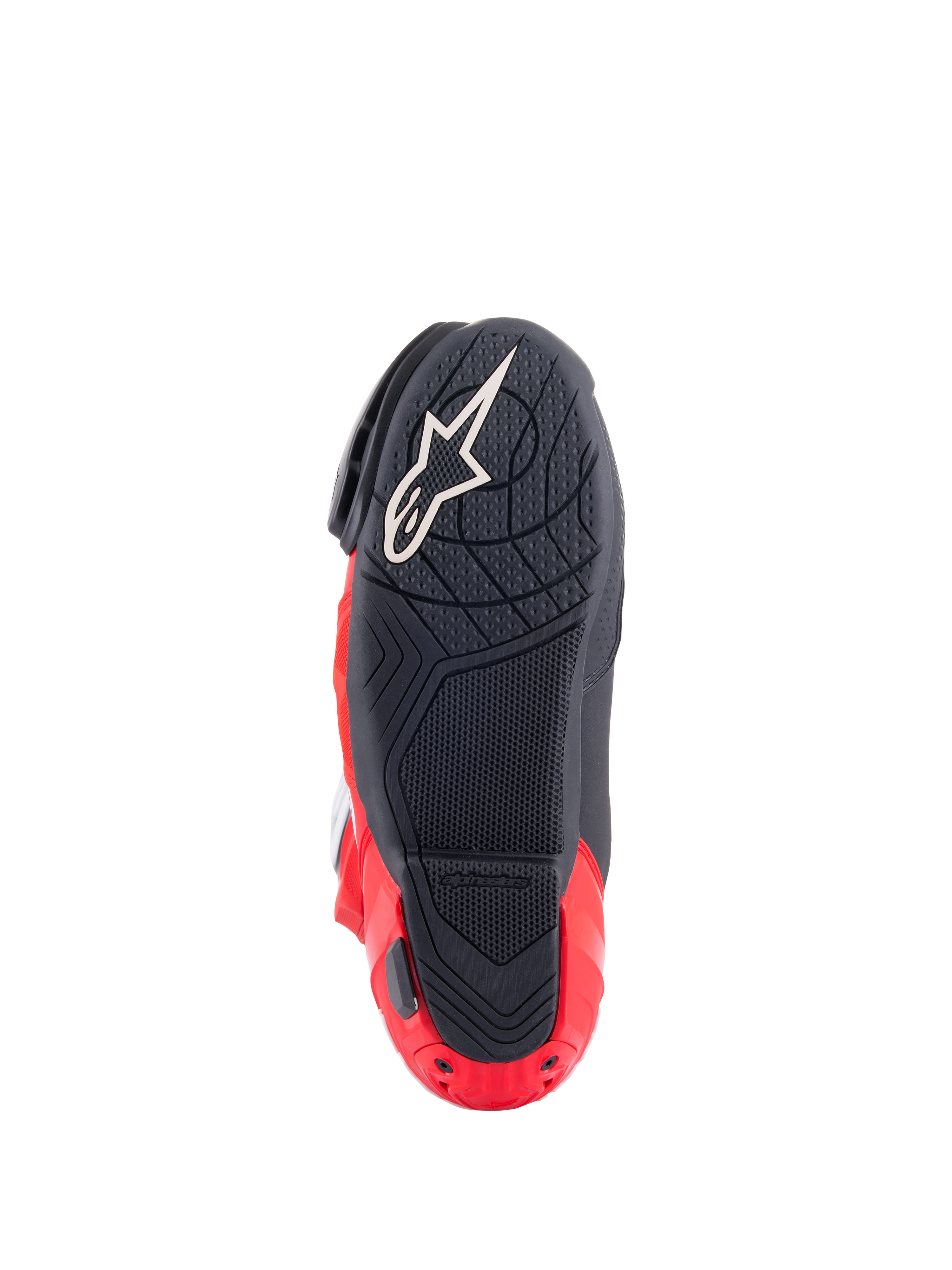 Stivali Alpinestars Honda Supertech R, vista della suola, nero e rosso vivace, con mescola di gomma testurizzata per il grip, logo Astar bianco sull'avampiede e slider della piastra del tallone rosso, calzatura da moto racing ad alte prestazioni.