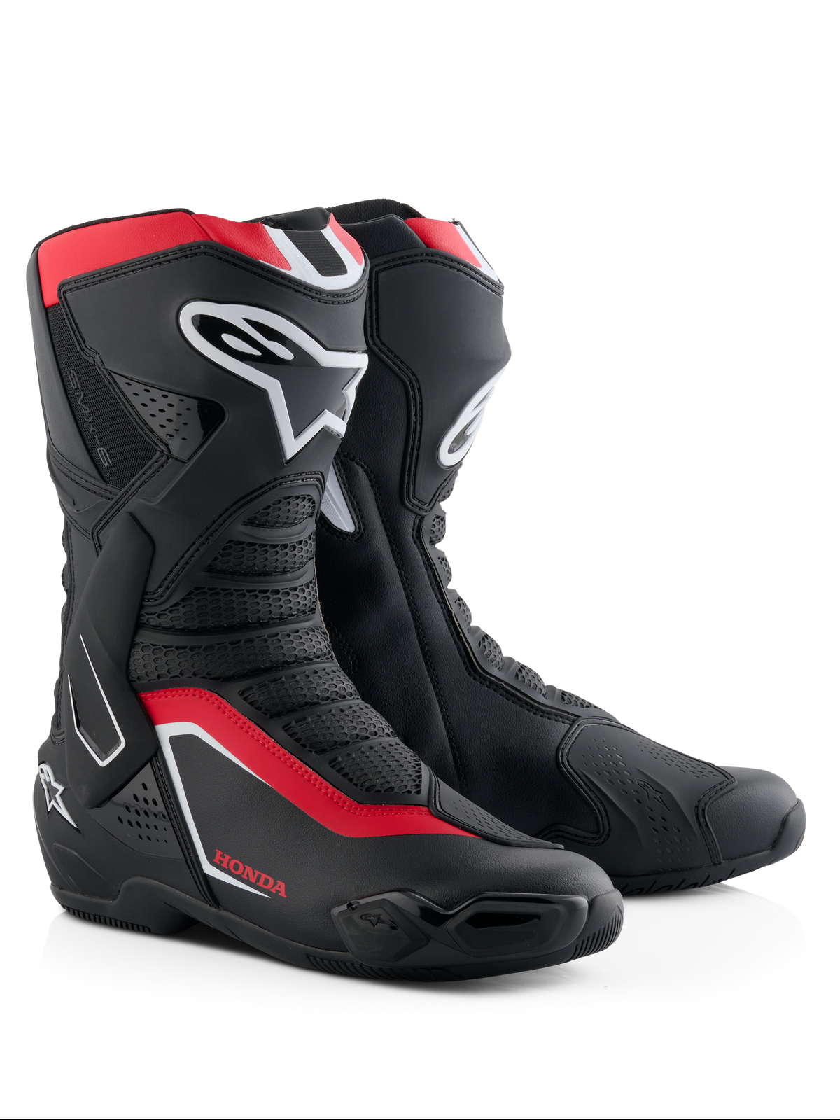 Stivali Alpinestars Honda SMX-6 V3, stivali da moto ad alte prestazioni, nero, rosso brillante e bianco, con protezioni in TPU per stinco e caviglia, pannelli in rete ventilata e profilo aerodinamico moderno con marchio Honda.