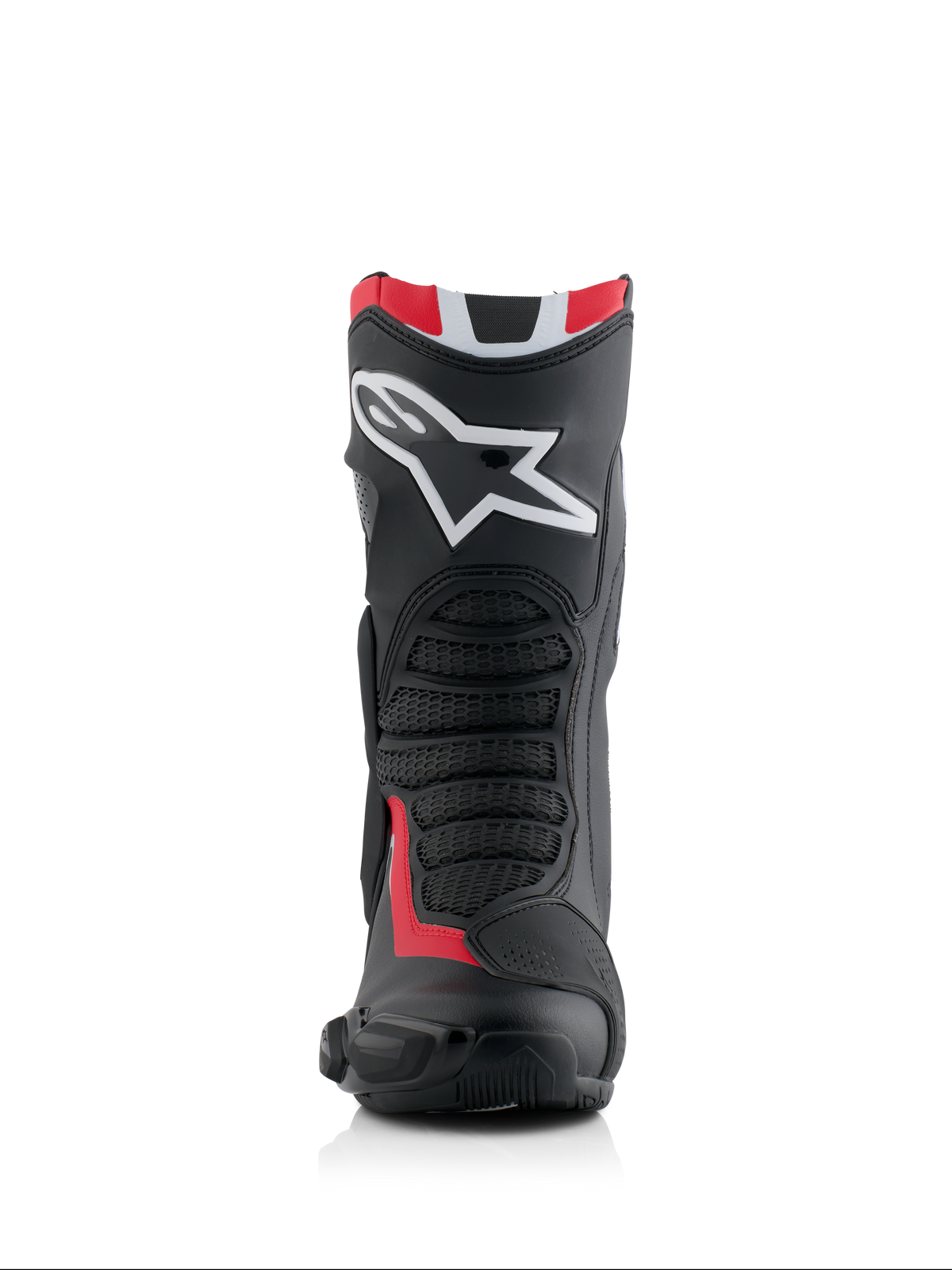 Stivali Alpinestars Honda SMX-6 V3, stivali da moto ad alte prestazioni, nero, rosso brillante e bianco, vista frontale con grande logo Alpinestars bianco sullo stinco, zone flex in mesh testurizzato e profilo protettivo aerodinamico