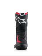 Stivali Alpinestars Honda SMX-6 V3, stivali da moto ad alte prestazioni, nero, rosso brillante e bianco, vista frontale con grande logo Alpinestars bianco sullo stinco, zone flex in mesh testurizzato e profilo protettivo aerodinamico