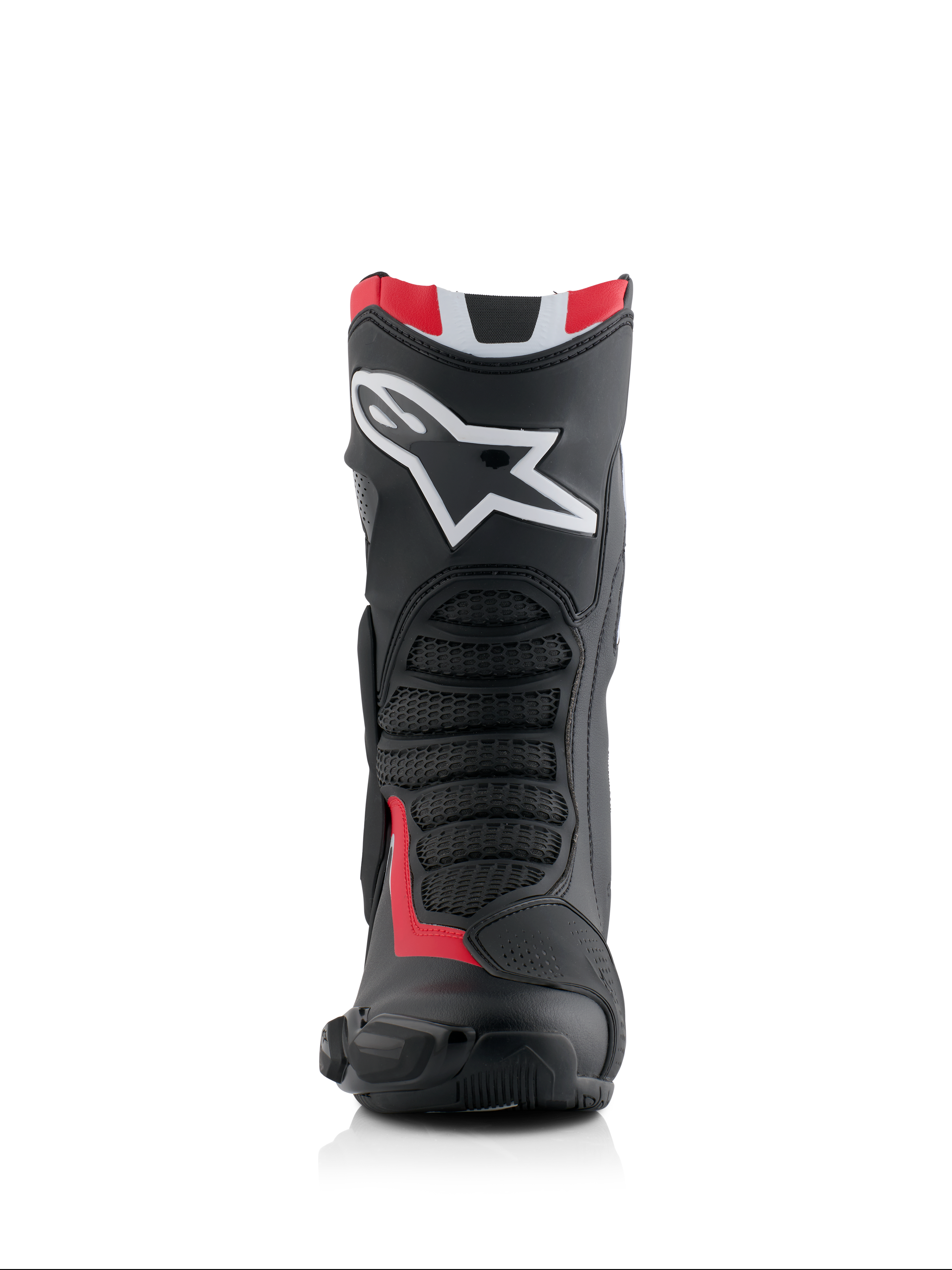 Stivali Alpinestars Honda SMX-6 V3, stivali da moto ad alte prestazioni, nero, rosso brillante e bianco, vista frontale con grande logo Alpinestars bianco sullo stinco, zone flex in mesh testurizzato e profilo protettivo aerodinamico