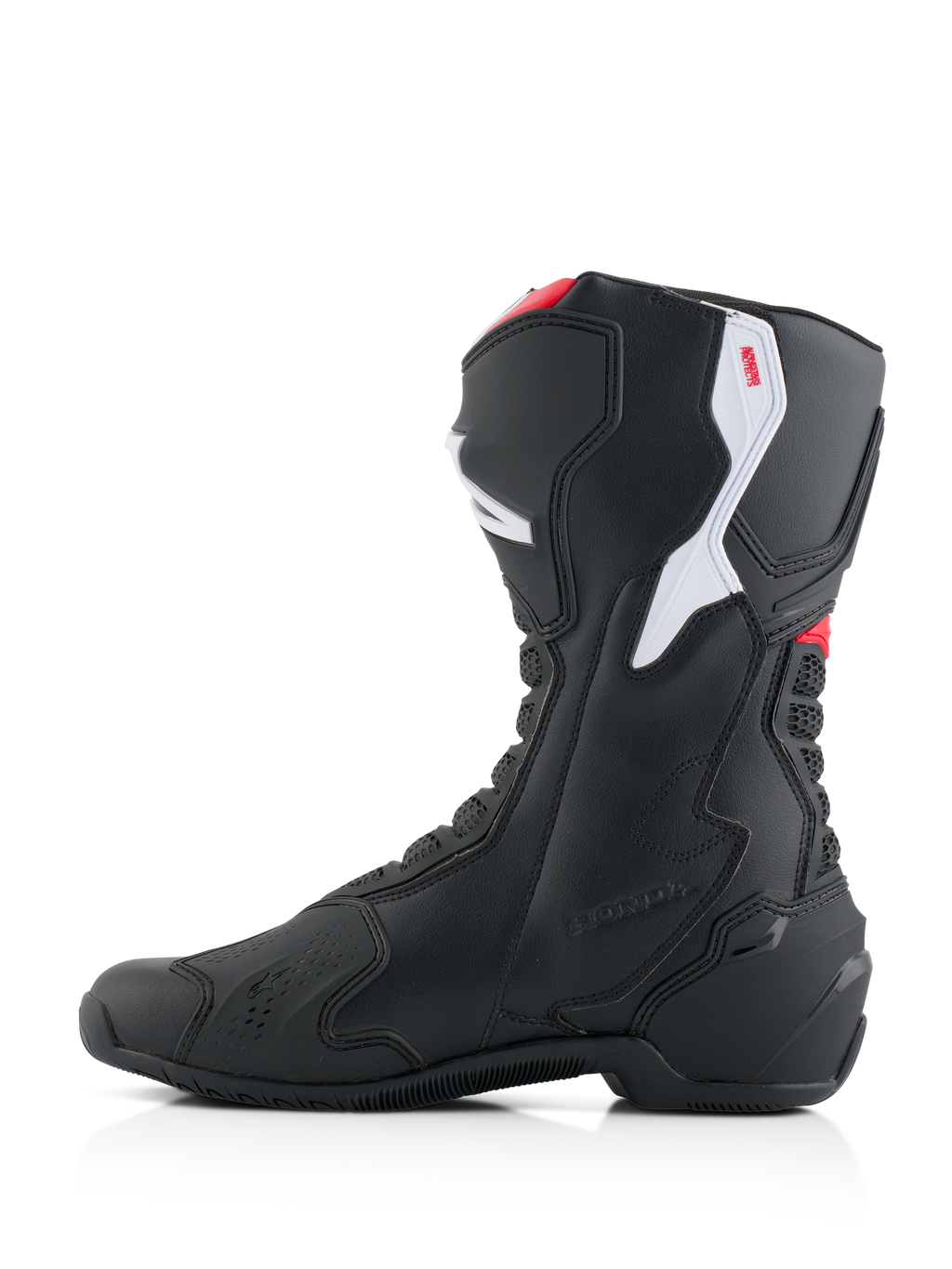 Stivali Alpinestars Honda SMX-6 V3, stivali da moto ad alte prestazioni, nero con accenti rosso brillante e bianco, profilo lato mediale, caratterizzati da una struttura in microfibra resistente, pannelli protettivi in TPU e marchio Honda in rilievo