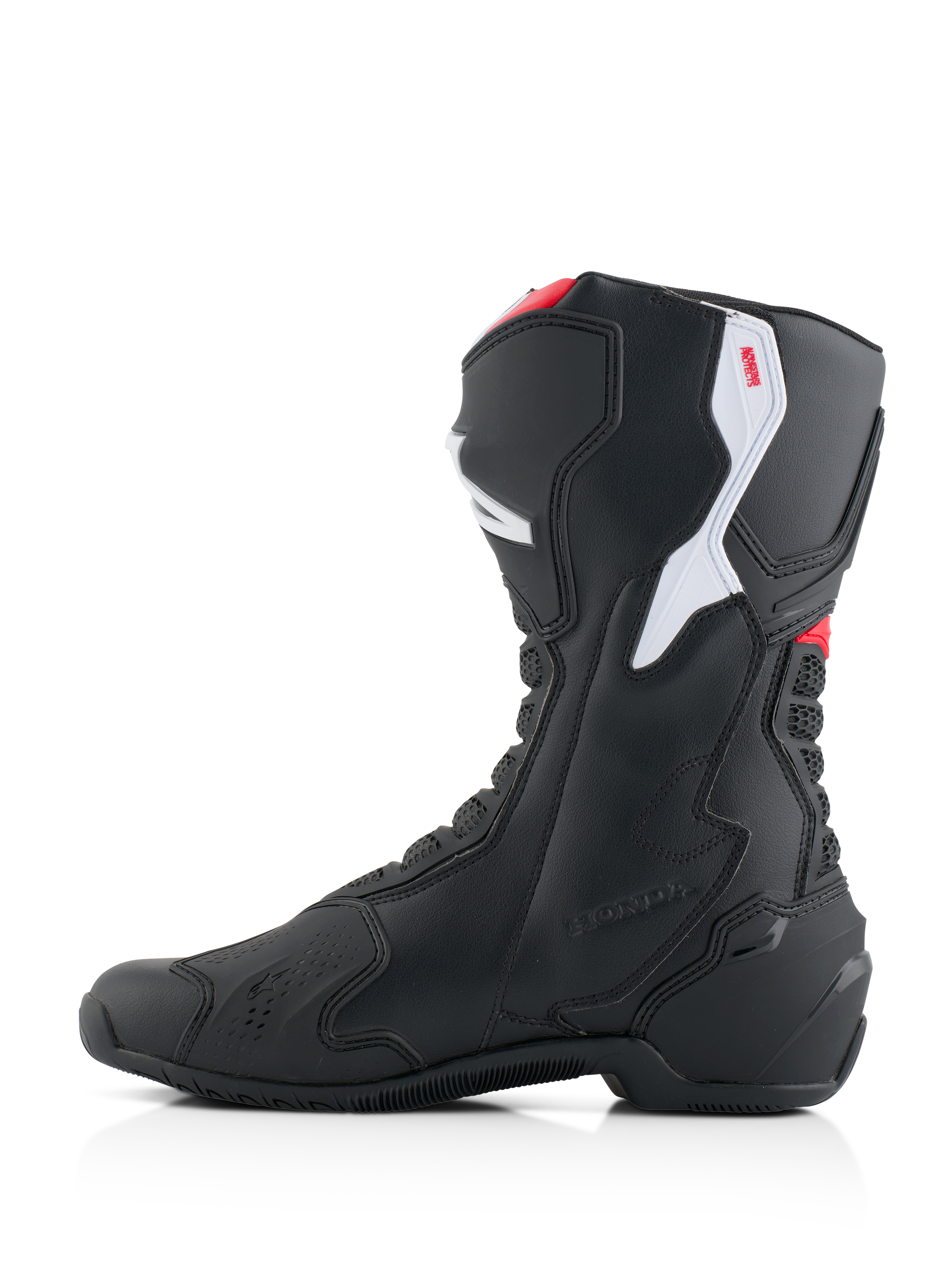 Stivali Alpinestars Honda SMX-6 V3, stivali da moto ad alte prestazioni, nero con accenti rosso brillante e bianco, profilo lato mediale, caratterizzati da una struttura in microfibra resistente, pannelli protettivi in TPU e marchio Honda in rilievo