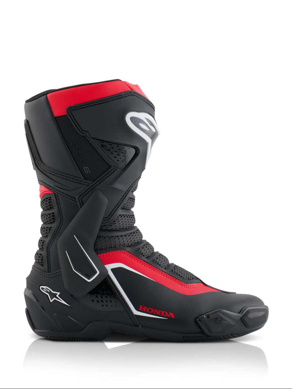 Stivali Alpinestars Honda SMX-6 V3, stivali da moto ad alte prestazioni, nero, rosso brillante e bianco, vista laterale con costruzione in microfibra, protezione in TPU, rinforzo laterale per la caviglia e logo Honda, equipaggiamento professionale per pista e strada